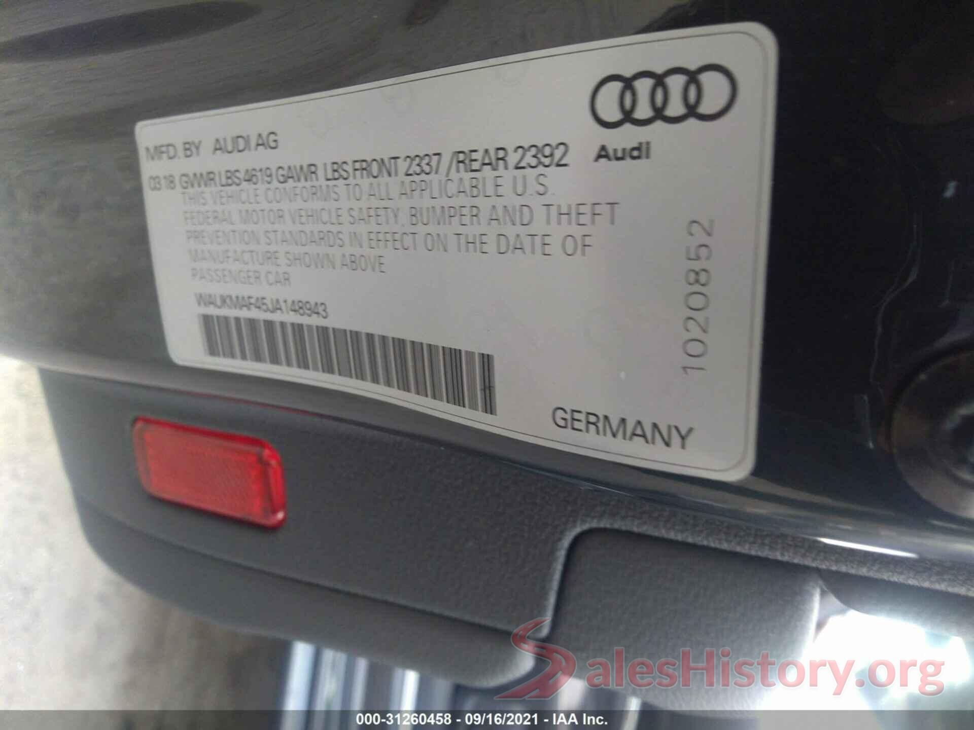 WAUKMAF45JA148943 2018 AUDI A4