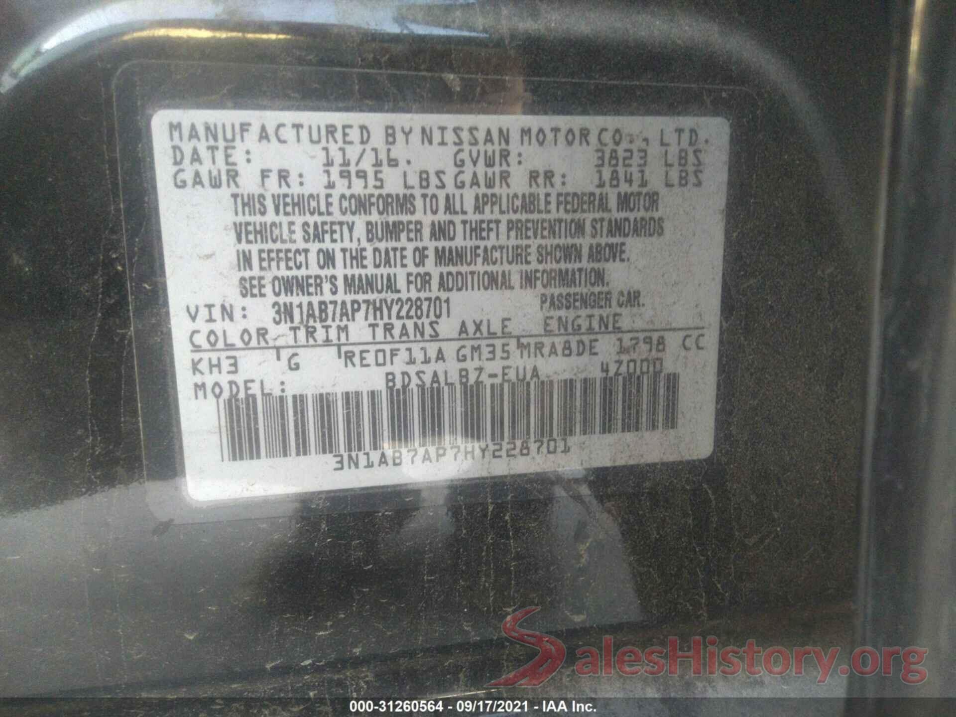 3N1AB7AP7HY228701 2017 NISSAN SENTRA