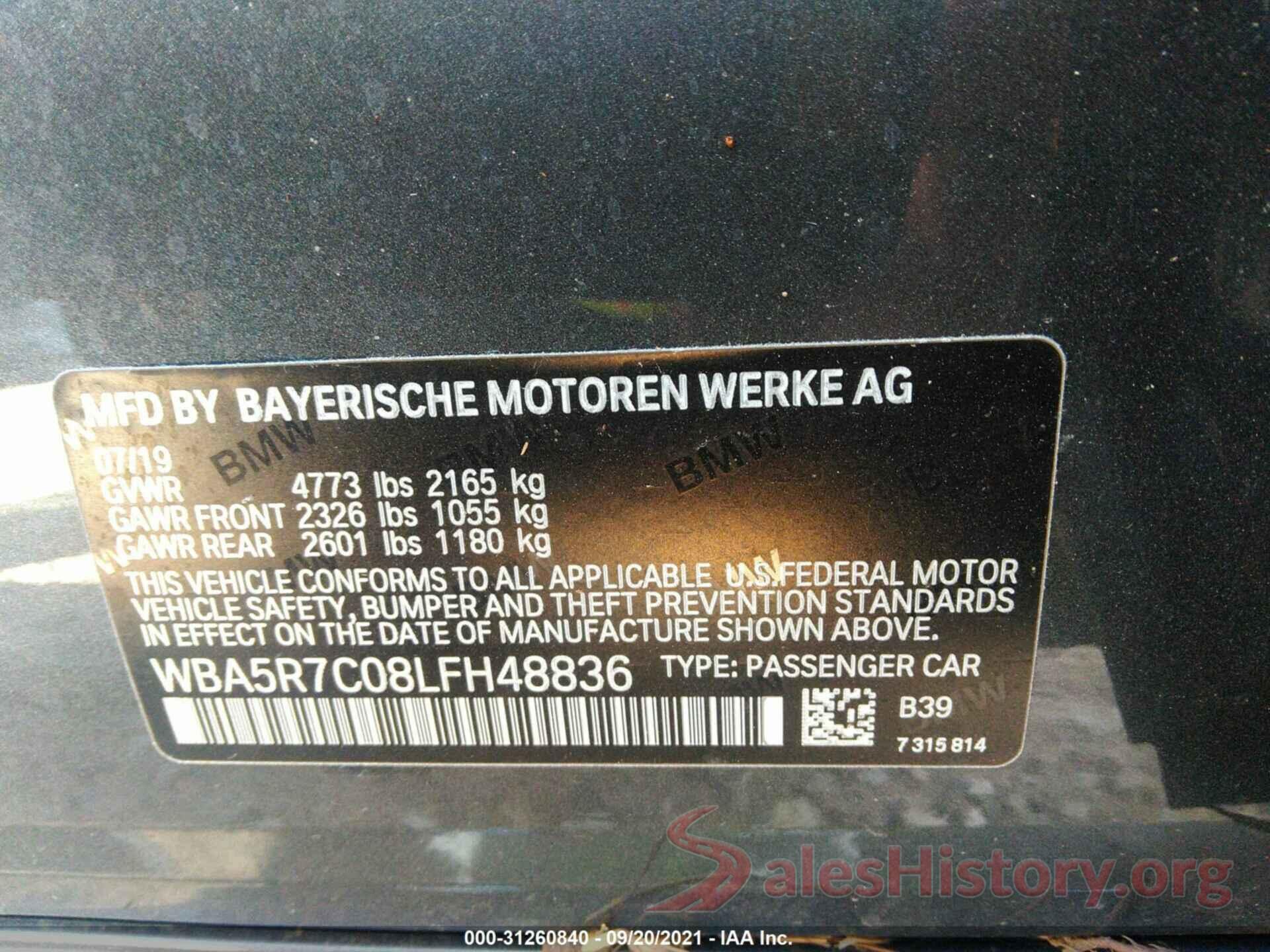 WBA5R7C08LFH48836 2020 BMW 3 SERIES