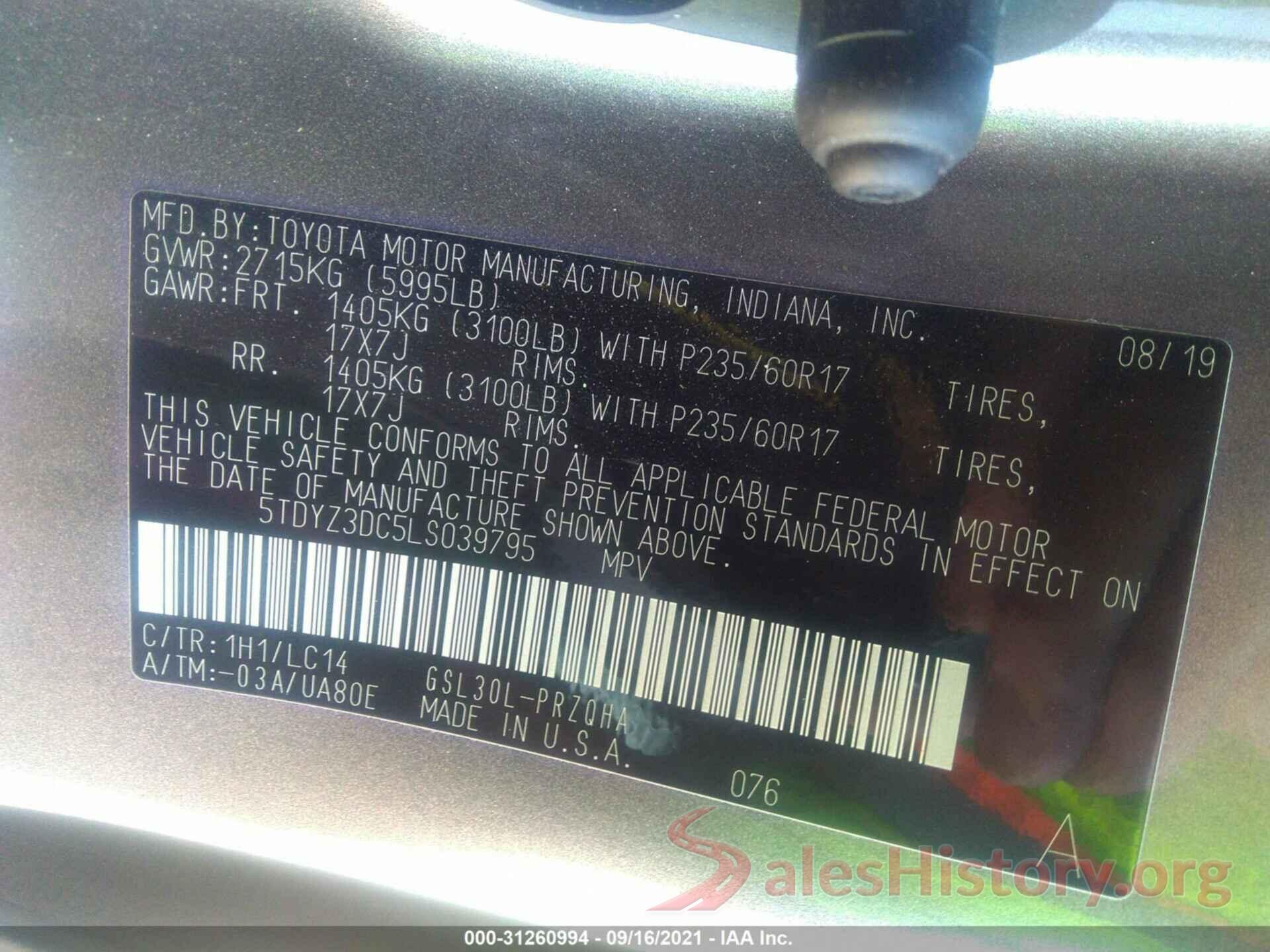 5TDYZ3DC5LS039795 2020 TOYOTA SIENNA