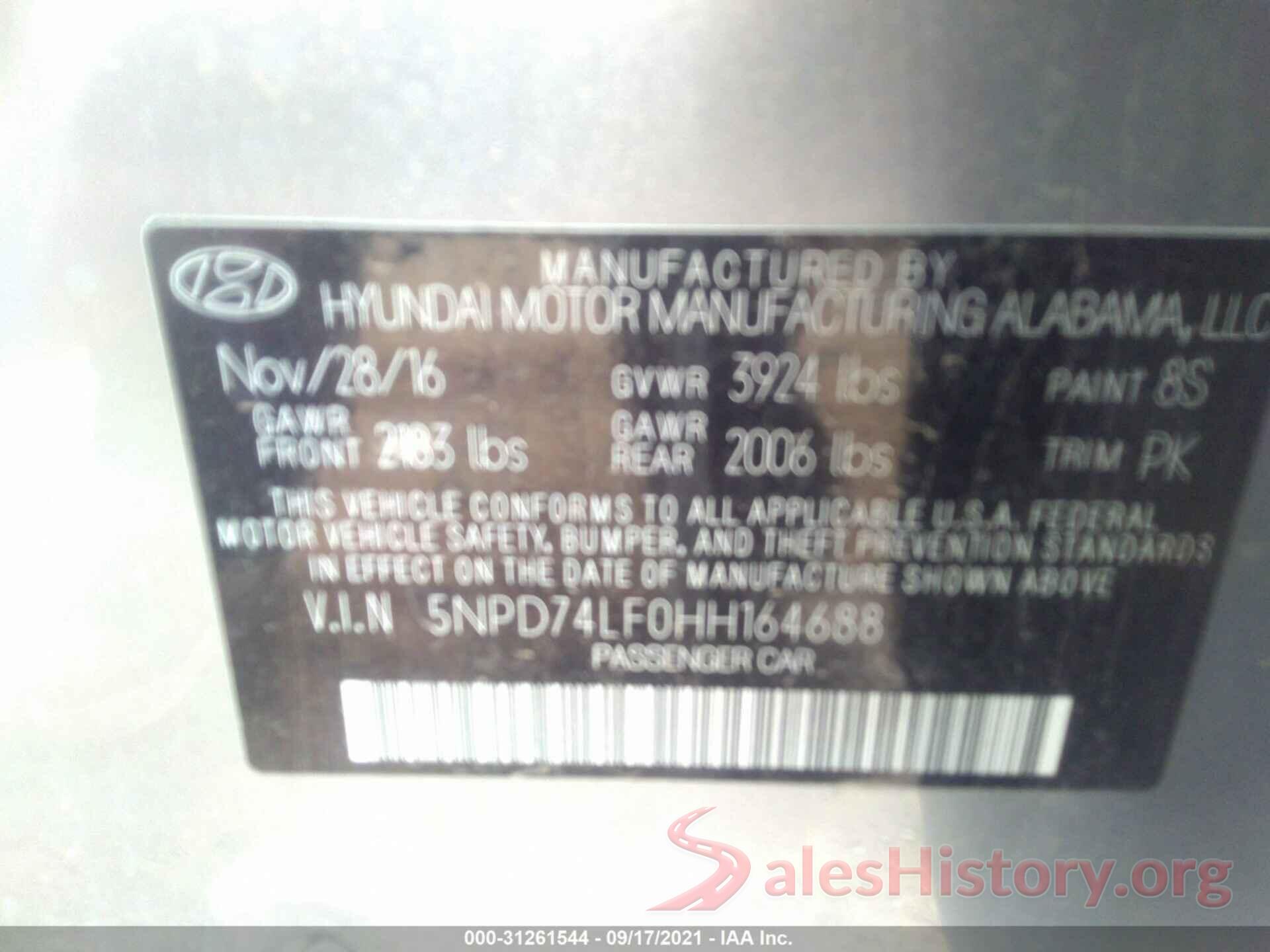 5NPD74LF0HH164688 2017 HYUNDAI ELANTRA