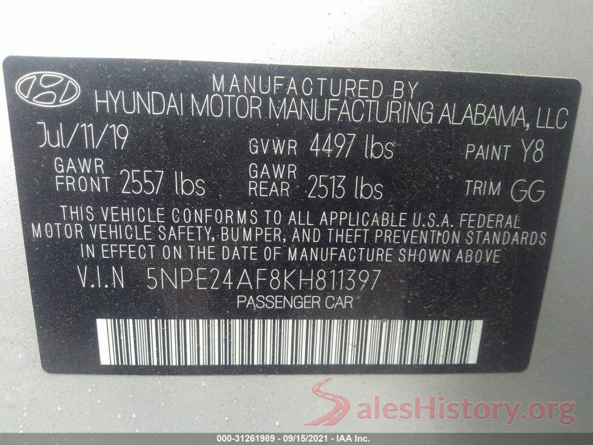 5NPE24AF8KH811397 2019 HYUNDAI SONATA