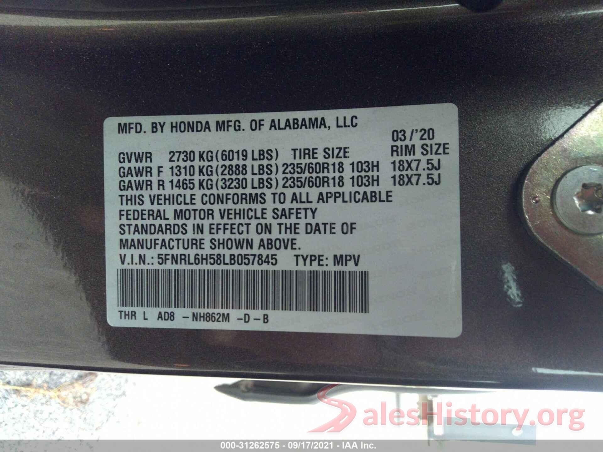 5FNRL6H58LB057845 2020 HONDA ODYSSEY