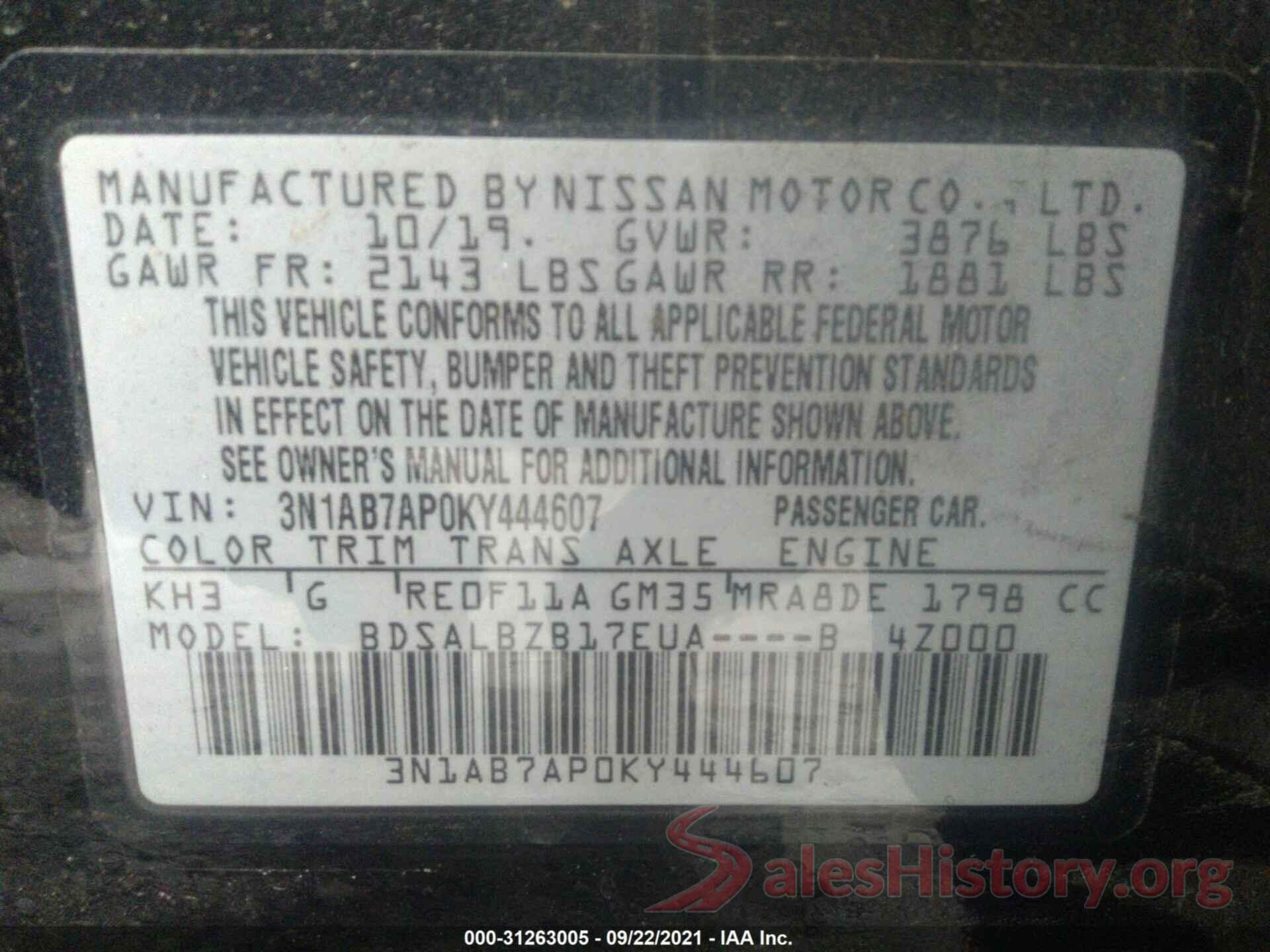 3N1AB7AP0KY444607 2019 NISSAN SENTRA