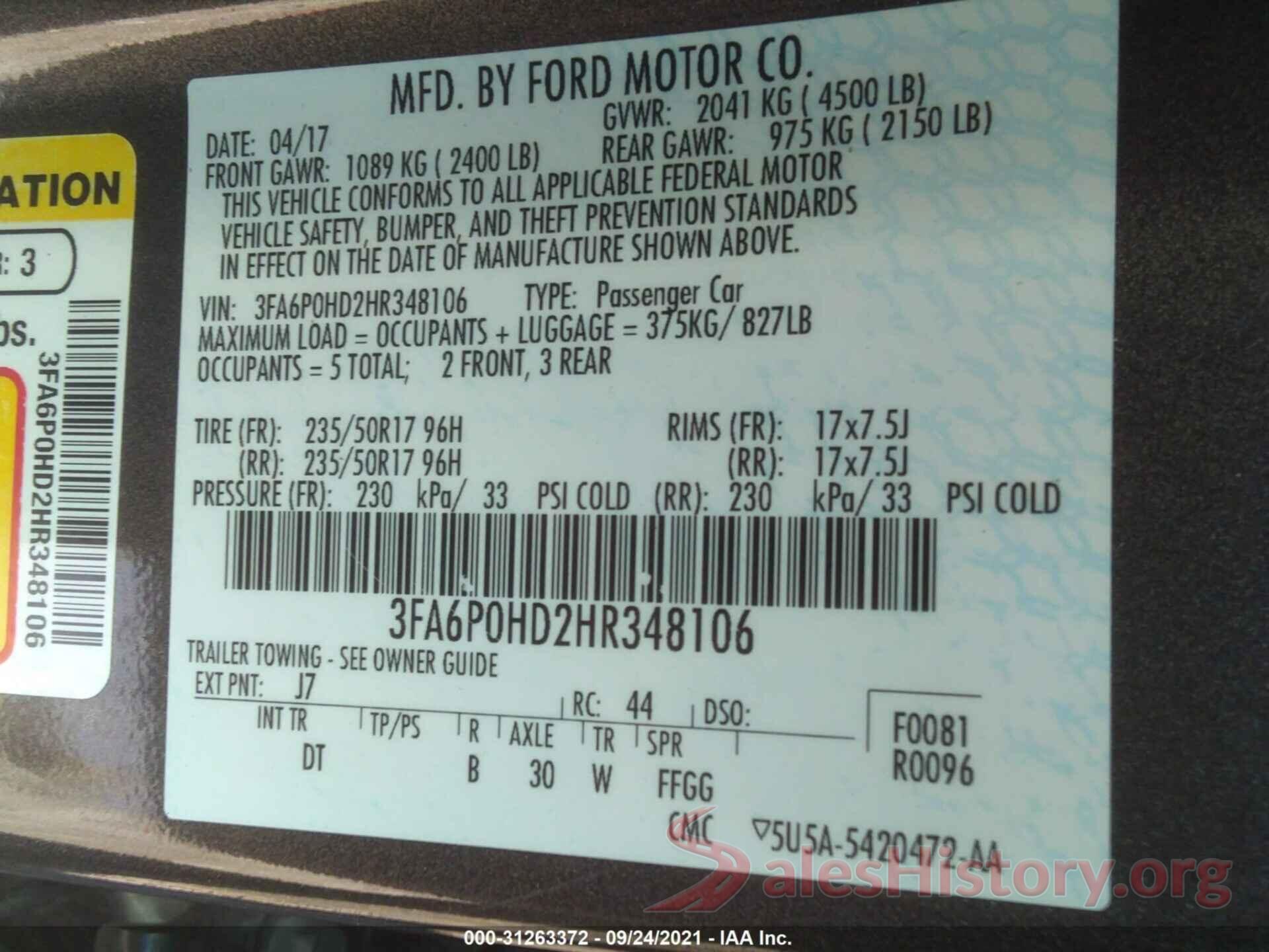 3FA6P0HD2HR348106 2017 FORD FUSION