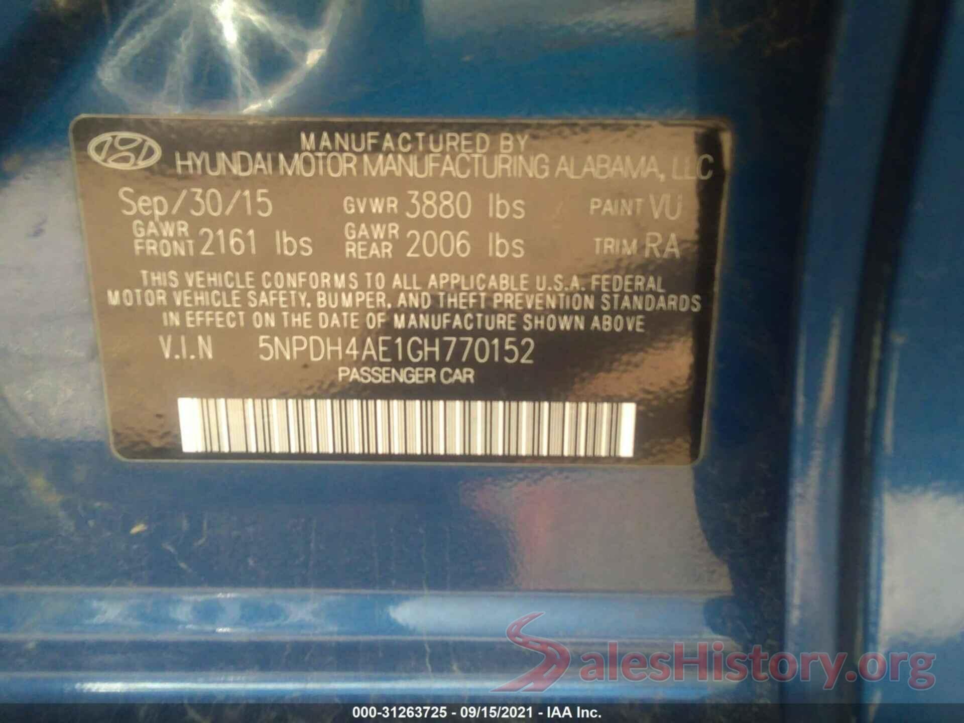 5NPDH4AE1GH770152 2016 HYUNDAI ELANTRA