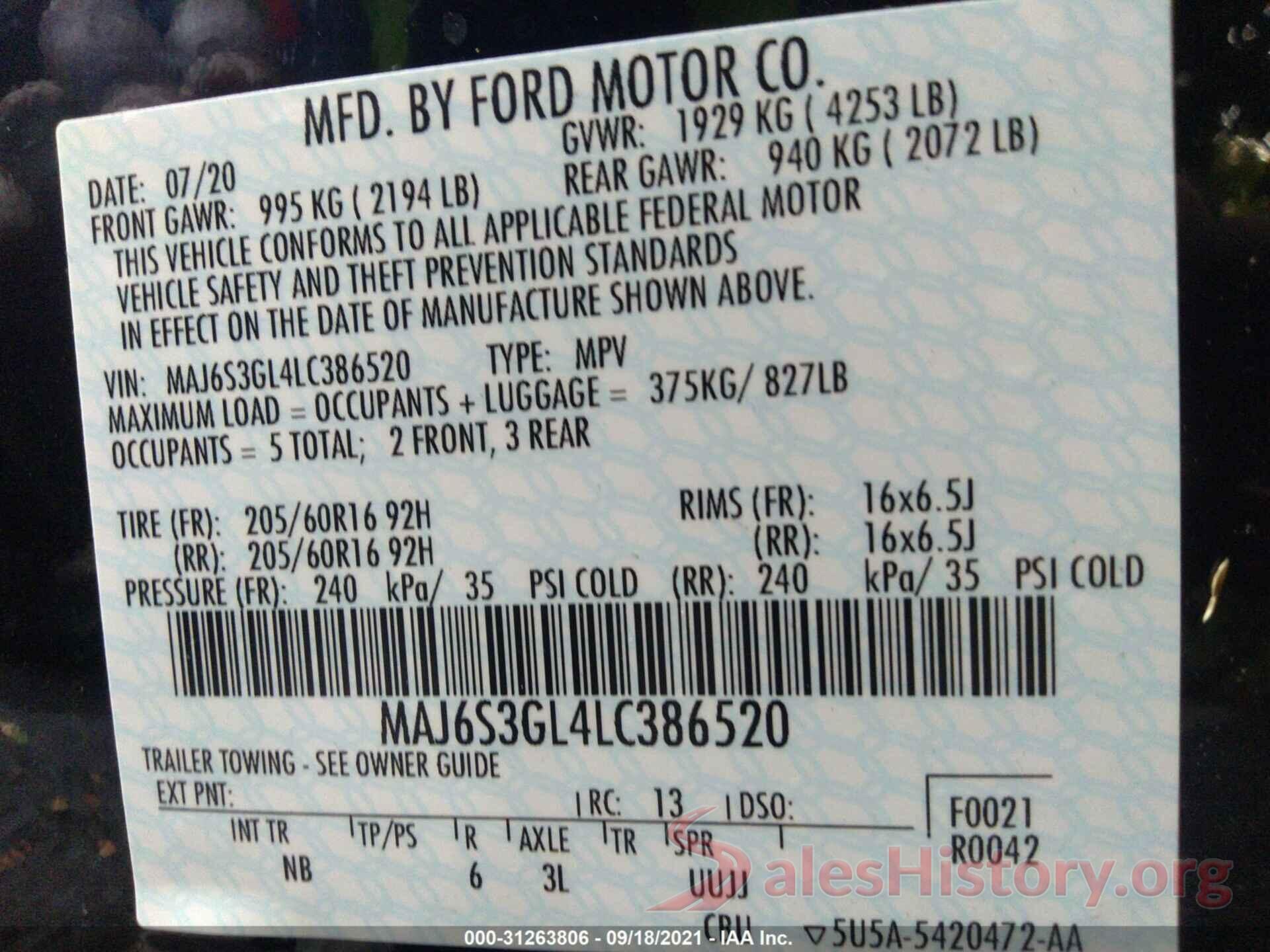 MAJ6S3GL4LC386520 2020 FORD ECOSPORT