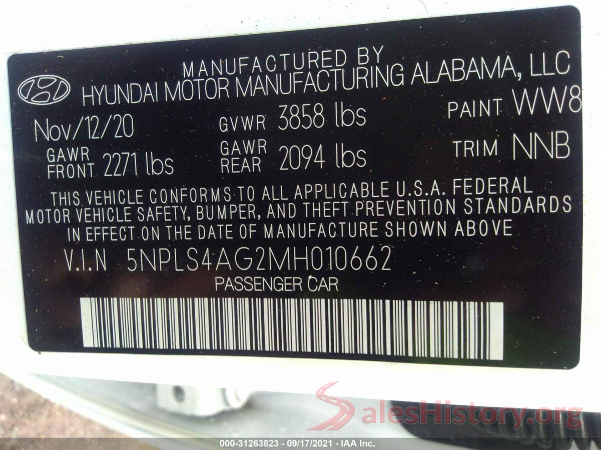 5NPLS4AG2MH010662 2021 HYUNDAI ELANTRA