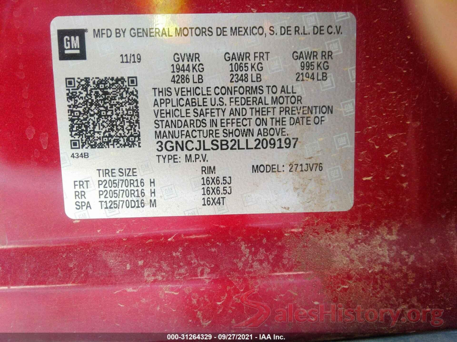 3GNCJLSB2LL209197 2020 CHEVROLET TRAX