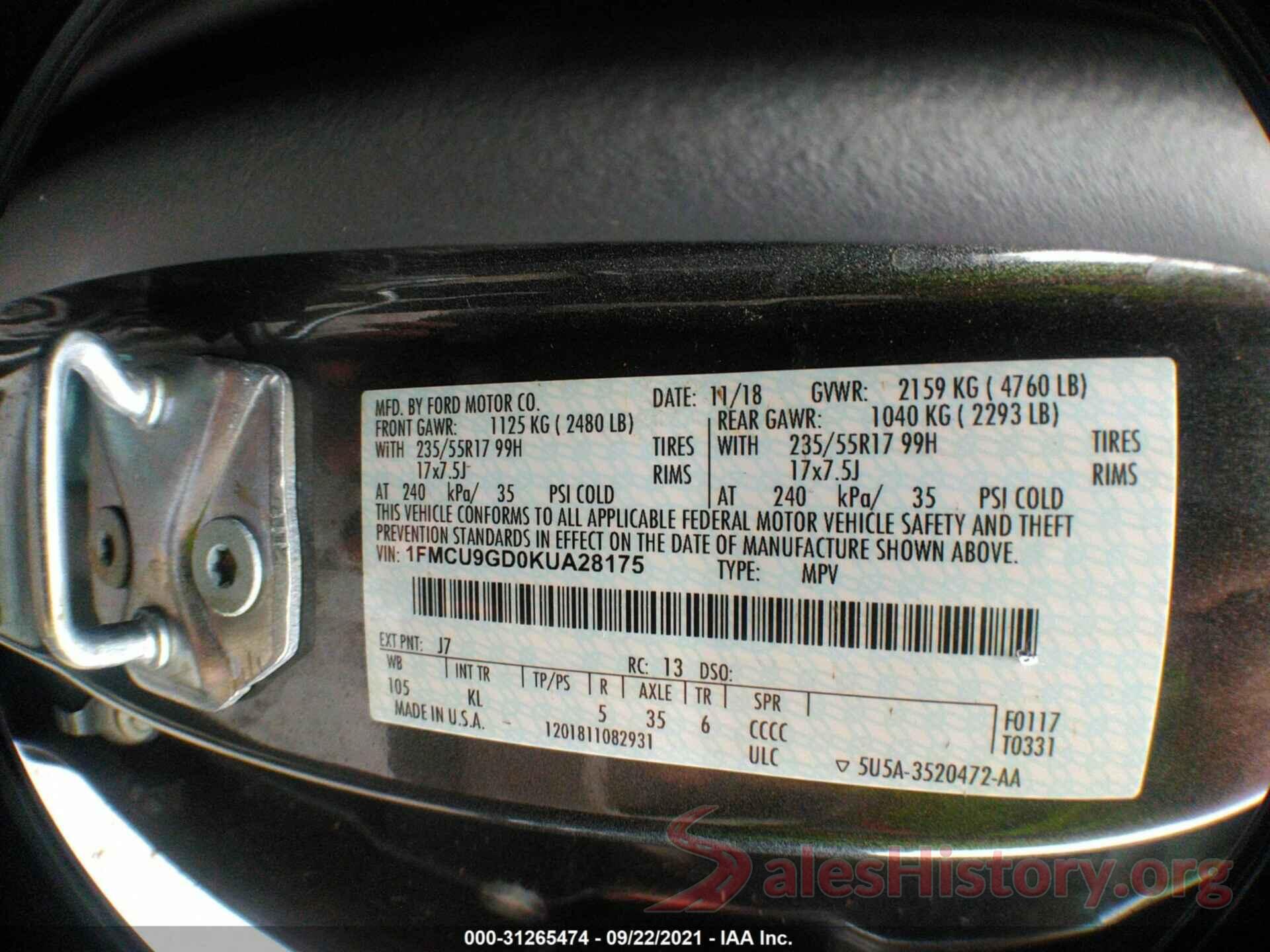 1FMCU9GD0KUA28175 2019 FORD ESCAPE