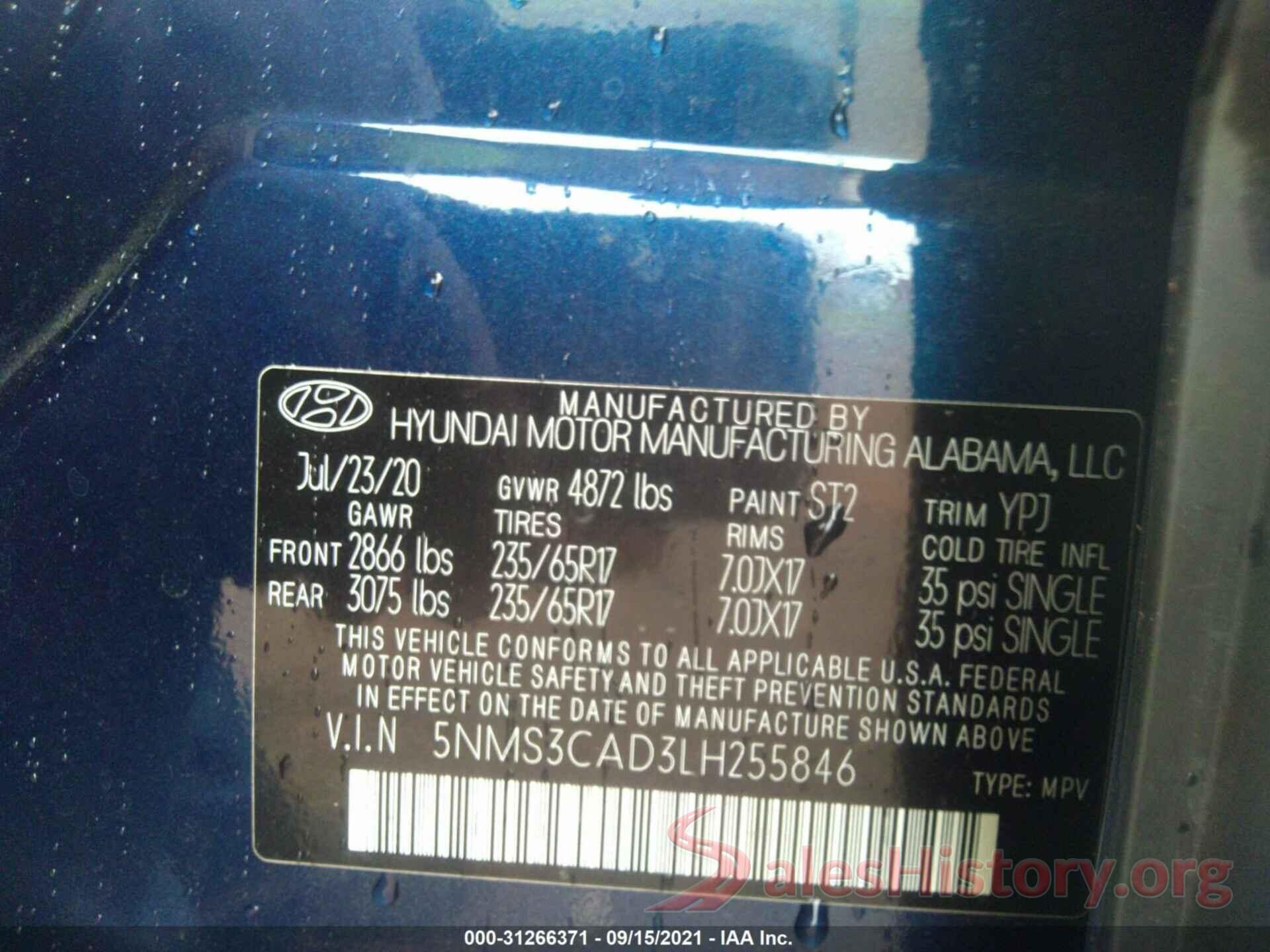 5NMS3CAD3LH255846 2020 HYUNDAI SANTA FE