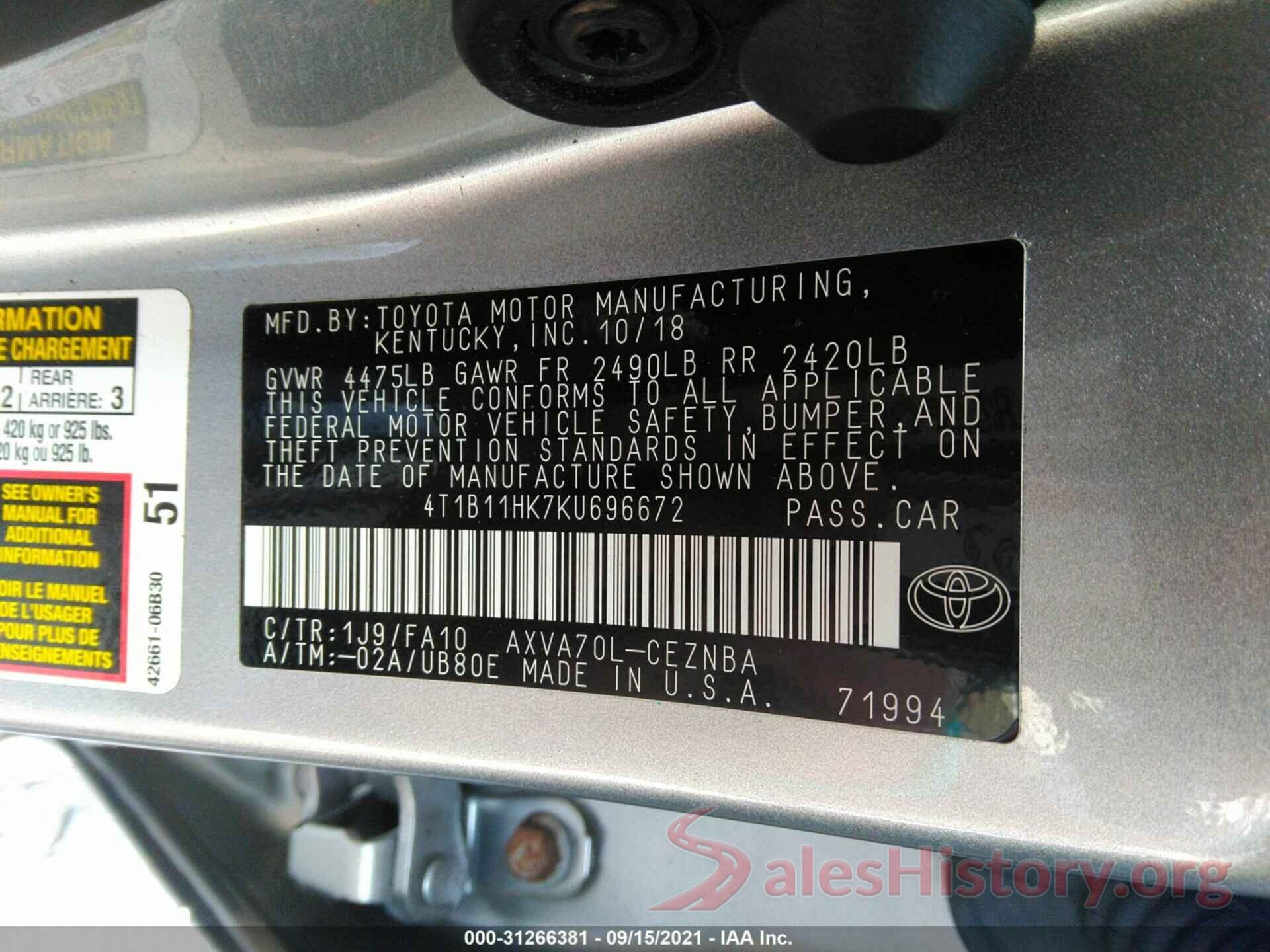 4T1B11HK7KU696672 2019 TOYOTA CAMRY