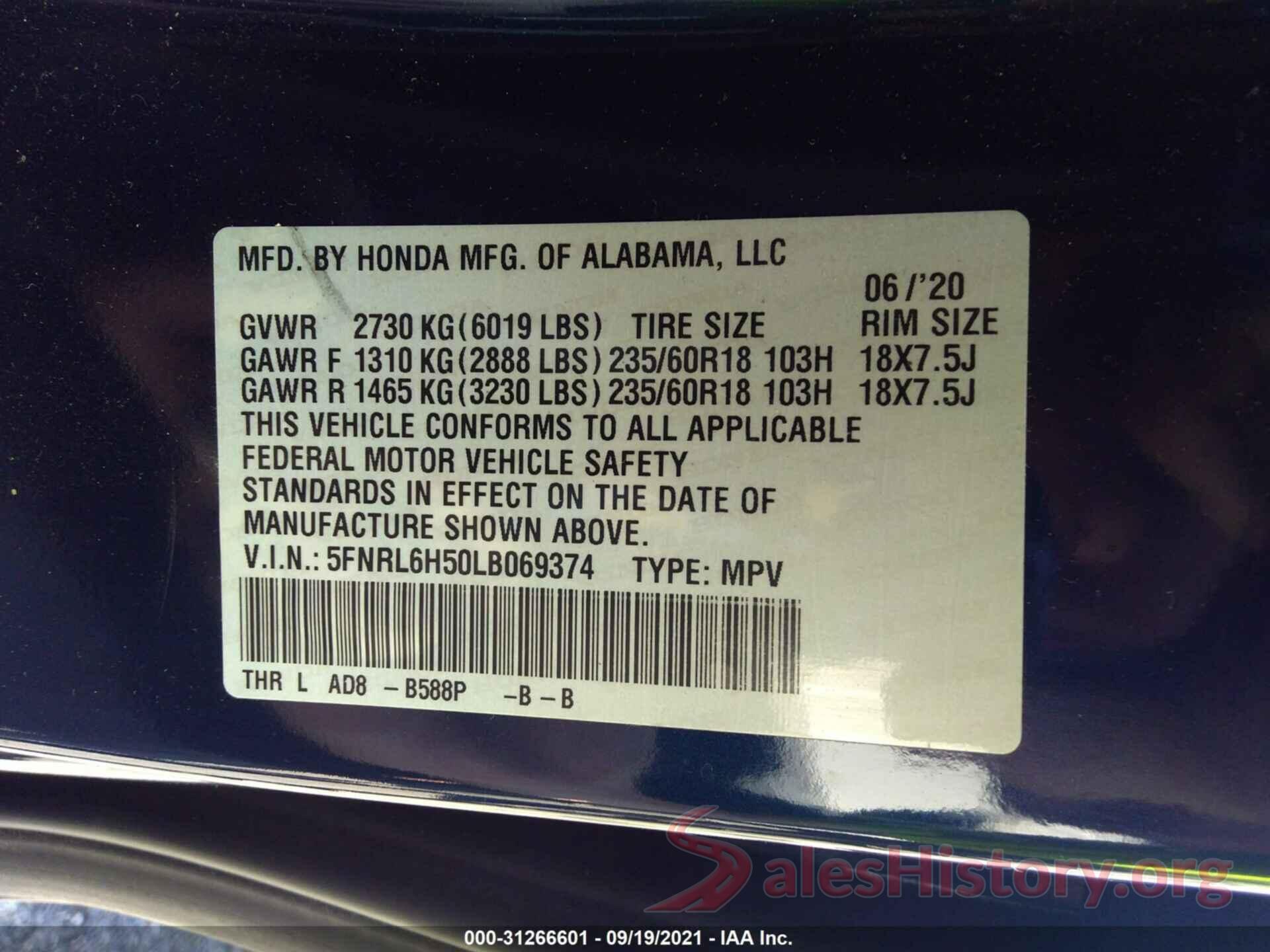 5FNRL6H50LB069374 2020 HONDA ODYSSEY