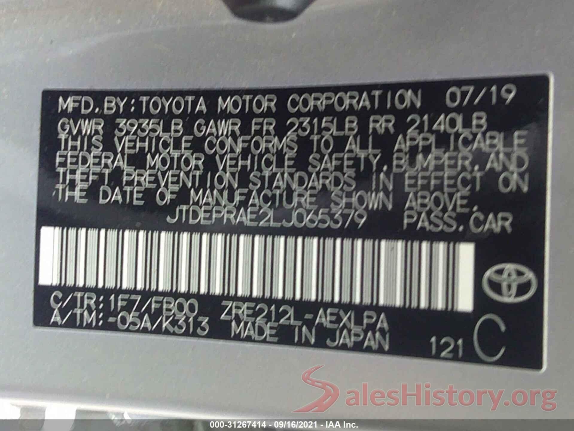 JTDEPRAE2LJ065379 2020 TOYOTA COROLLA