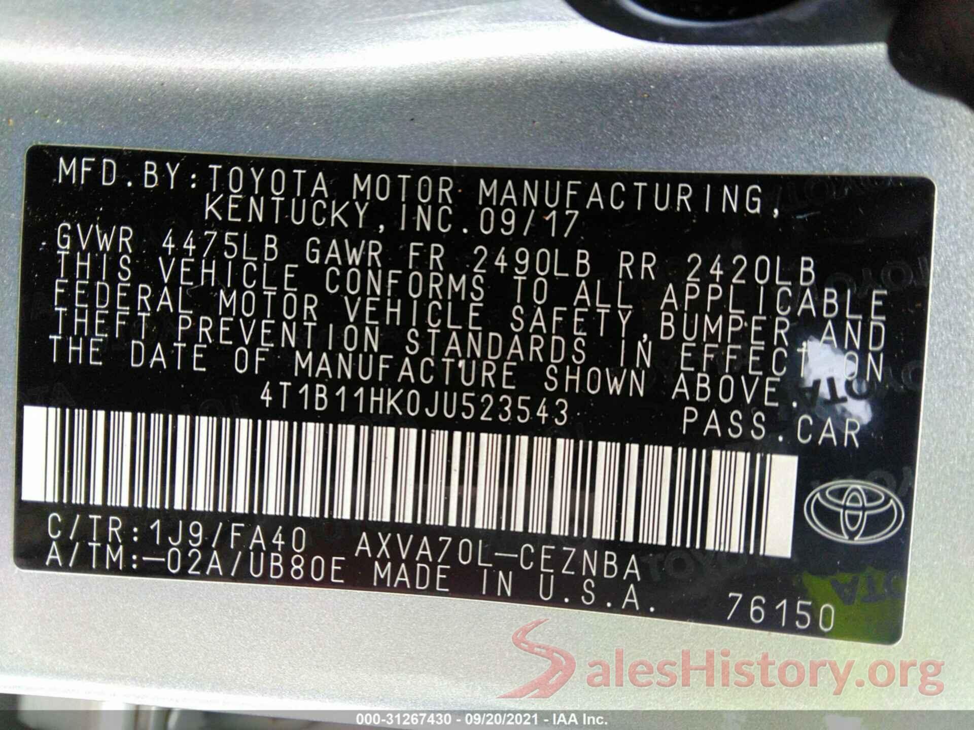 4T1B11HK0JU523543 2018 TOYOTA CAMRY