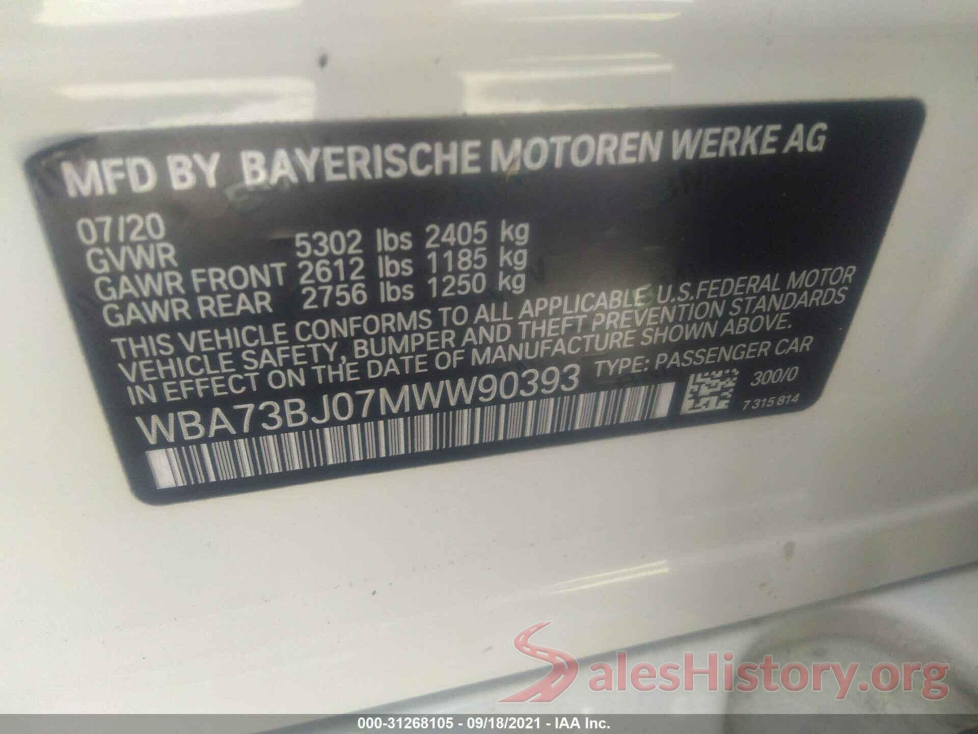 WBA73BJ07MWW90393 2021 BMW 5 SERIES