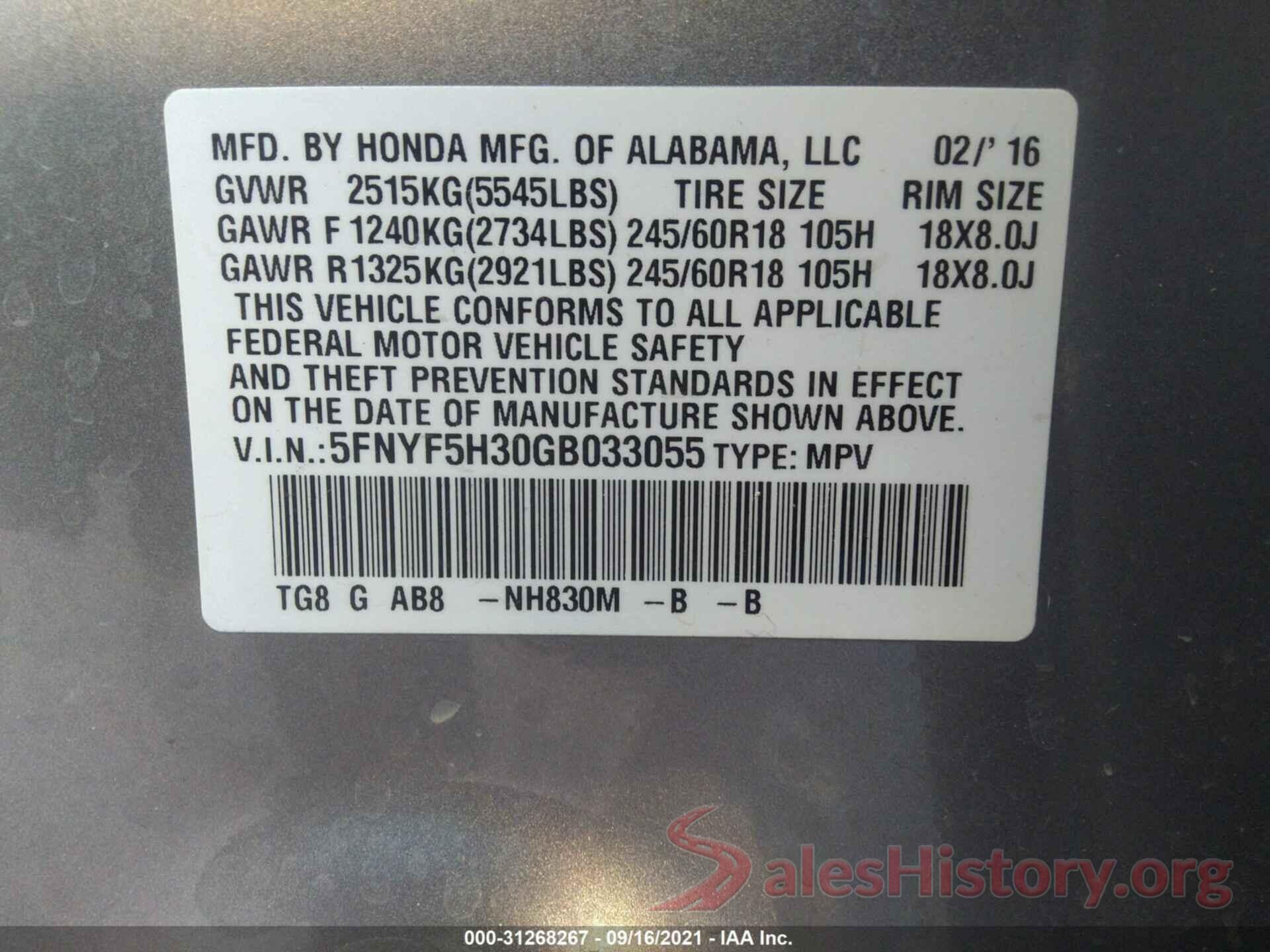 5FNYF5H30GB033055 2016 HONDA PILOT