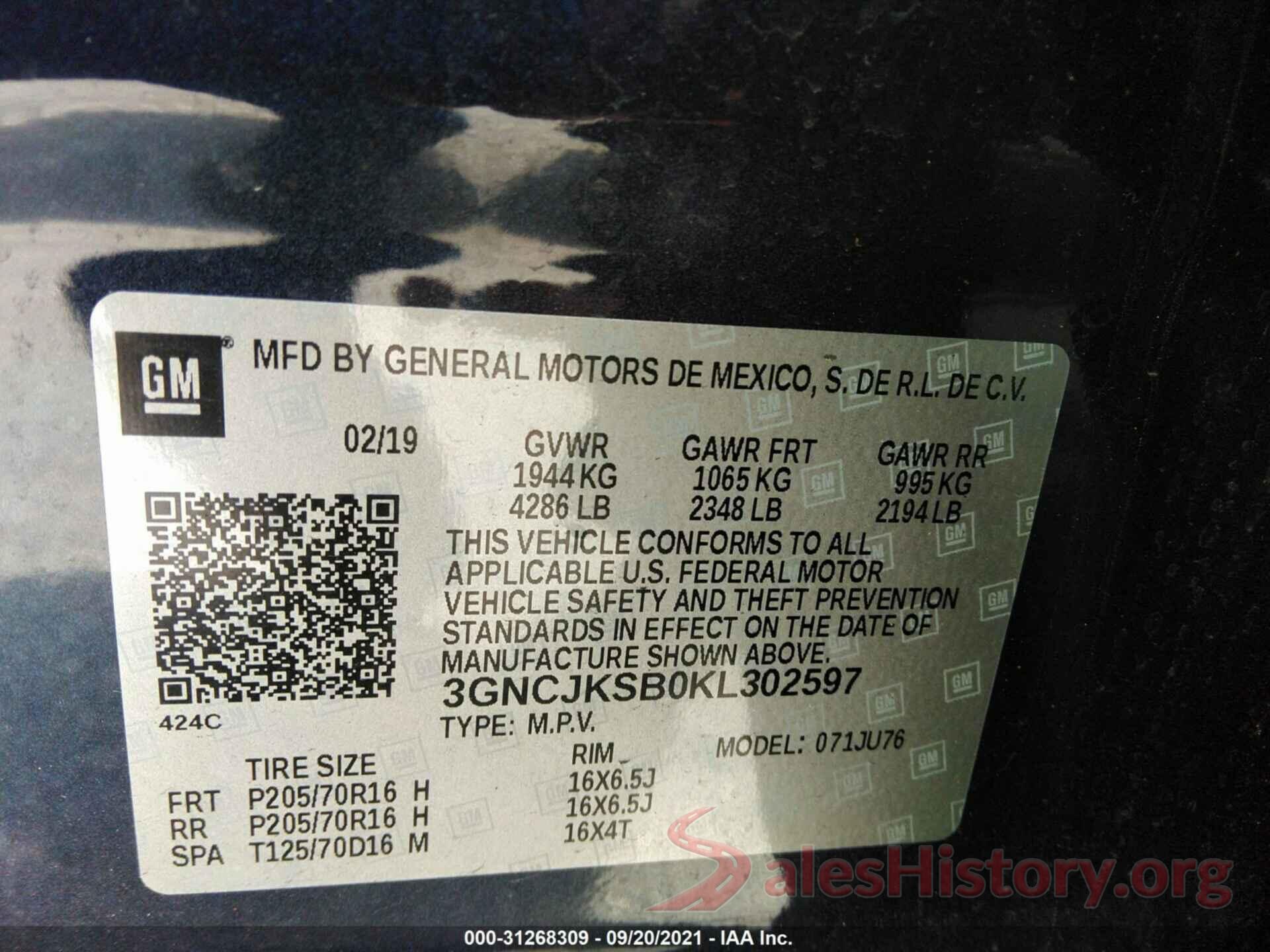 3GNCJKSB0KL302597 2019 CHEVROLET TRAX