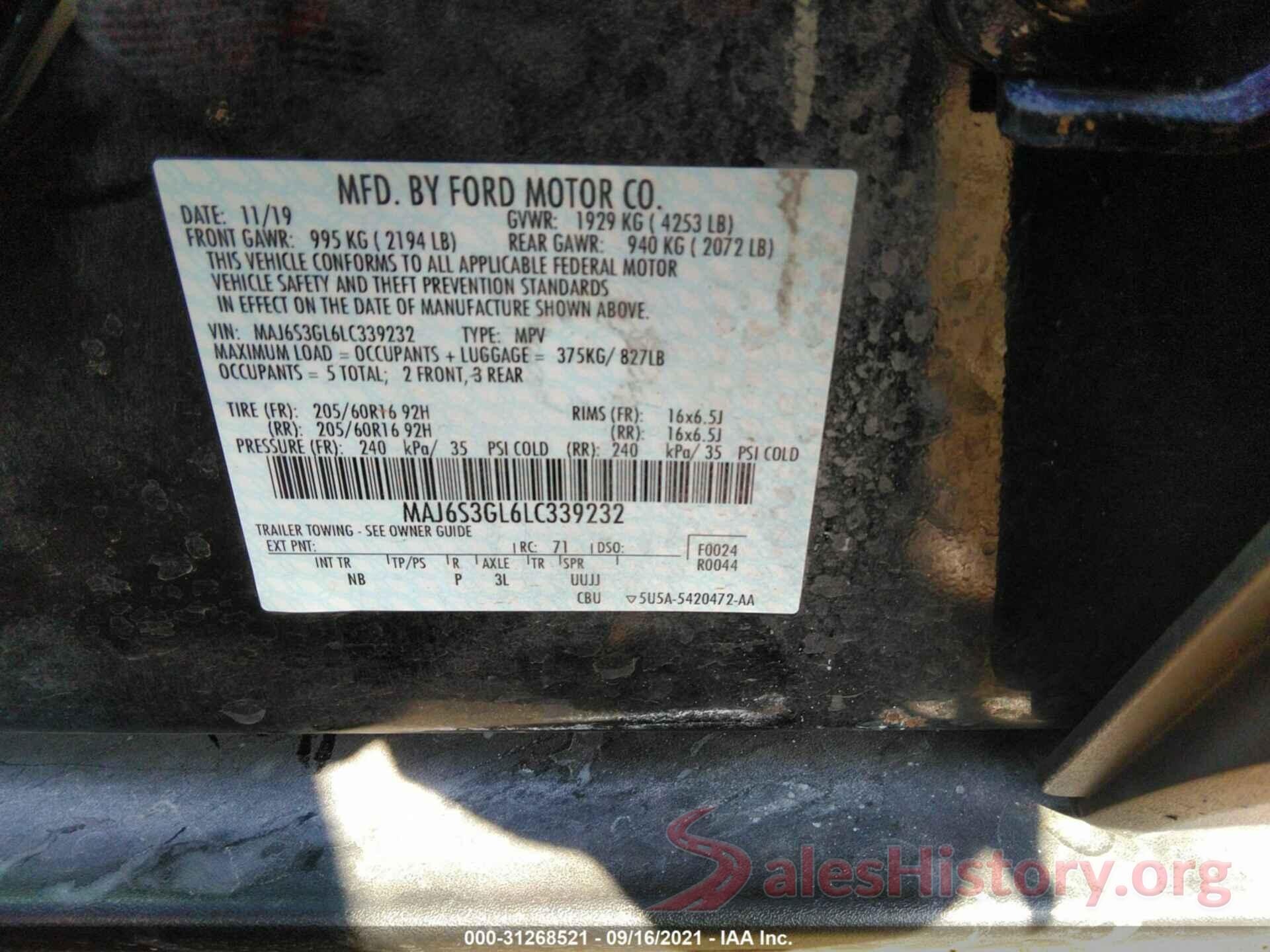 MAJ6S3GL6LC339232 2020 FORD ECOSPORT