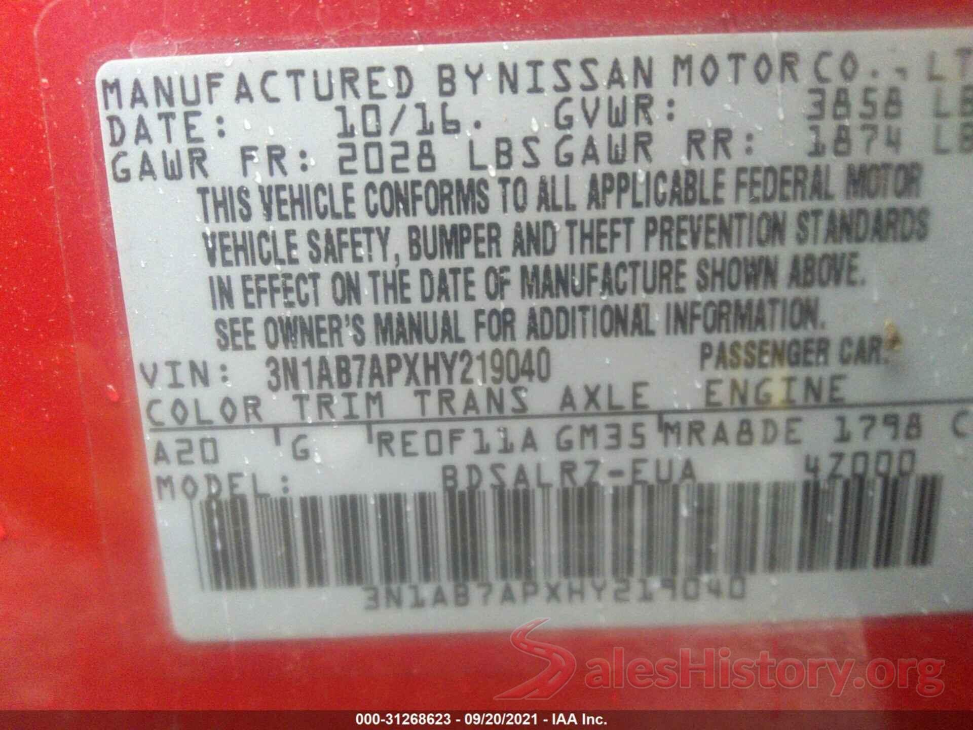 3N1AB7APXHY219040 2017 NISSAN SENTRA