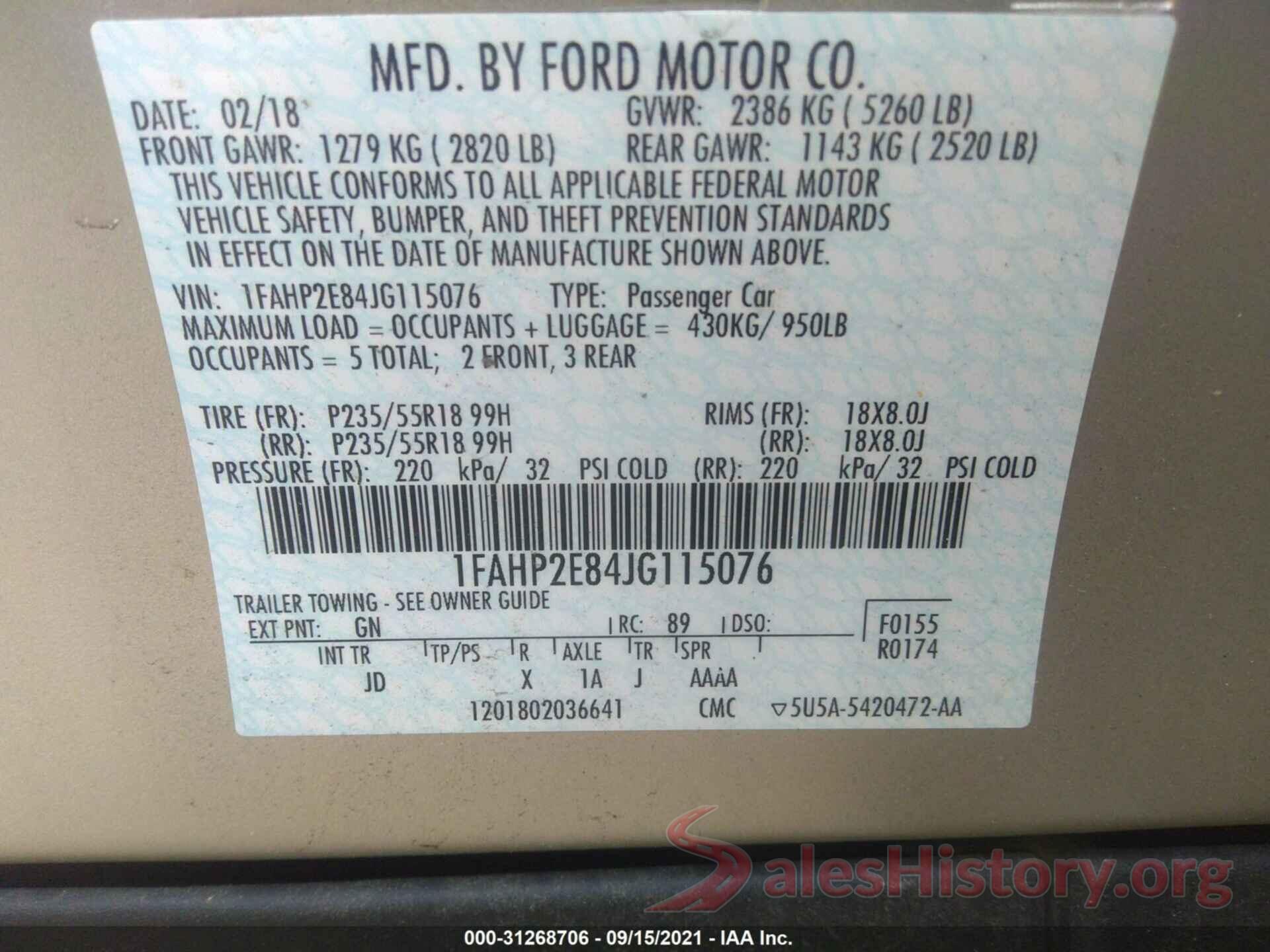 1FAHP2E84JG115076 2018 FORD TAURUS