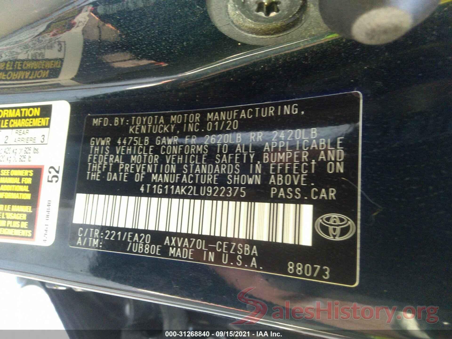 4T1G11AK2LU922375 2020 TOYOTA CAMRY