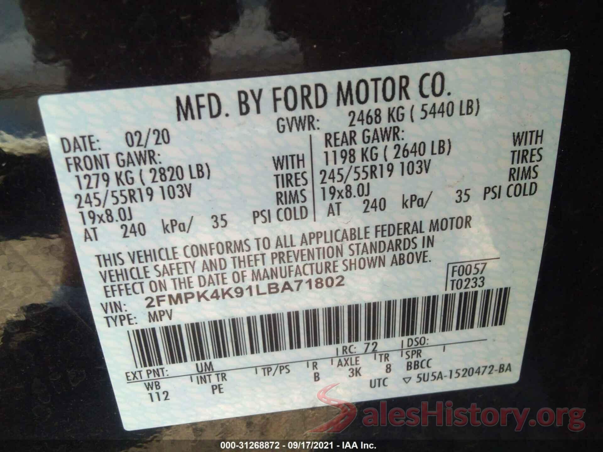 2FMPK4K91LBA71802 2020 FORD EDGE