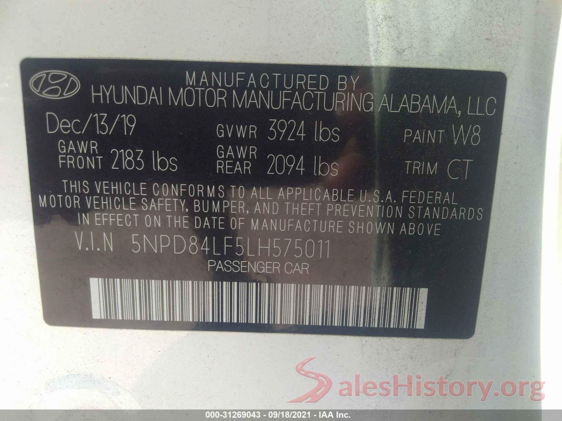 5NPD84LF5LH575011 2020 HYUNDAI ELANTRA