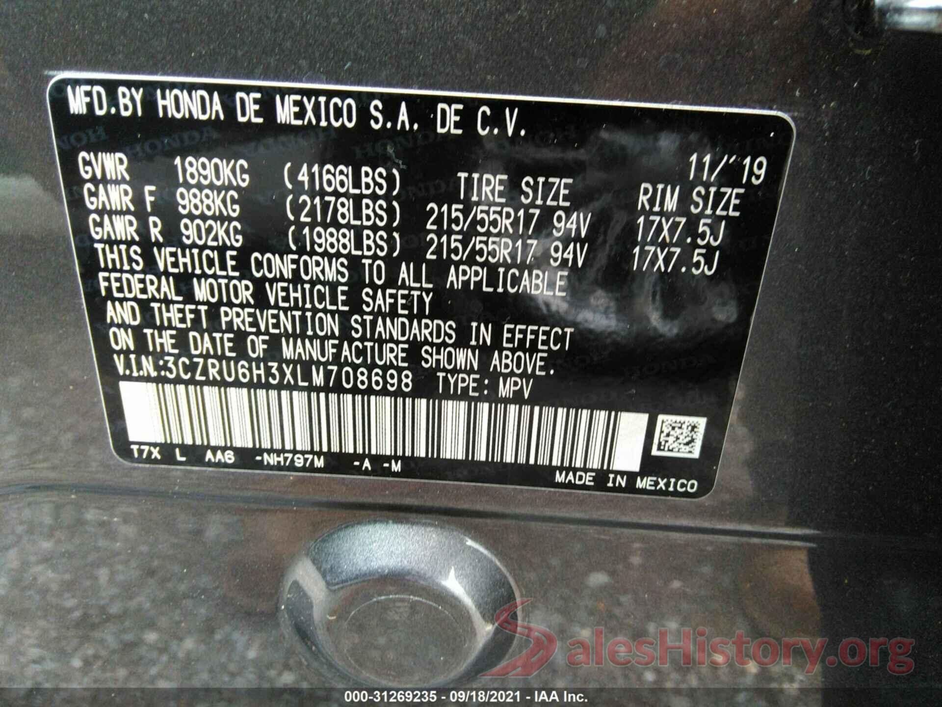 3CZRU6H3XLM708698 2020 HONDA HR-V