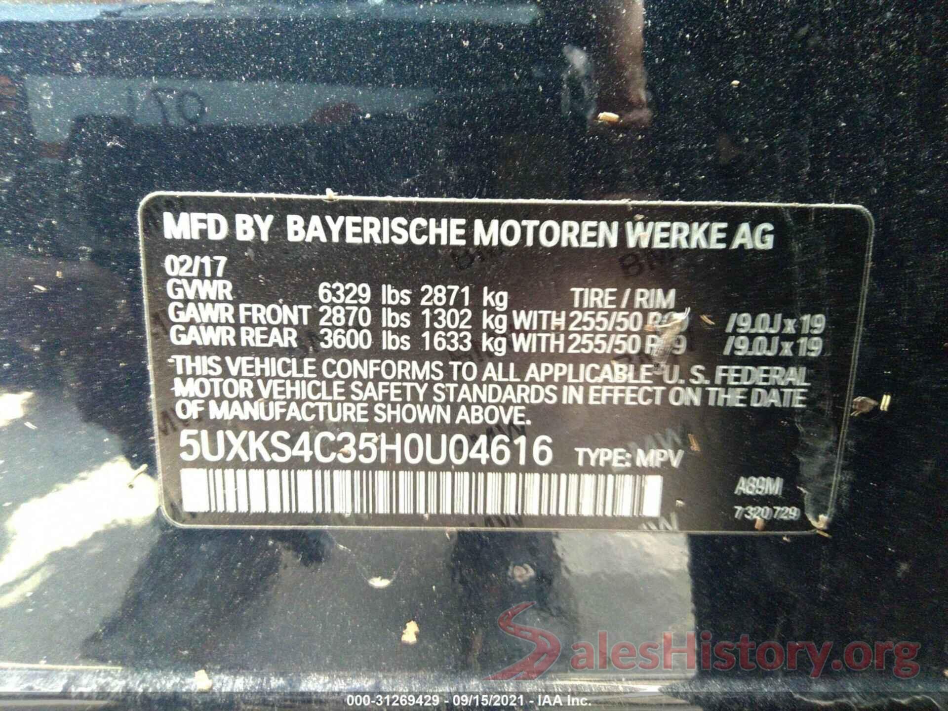 5UXKS4C35H0U04616 2017 BMW X5