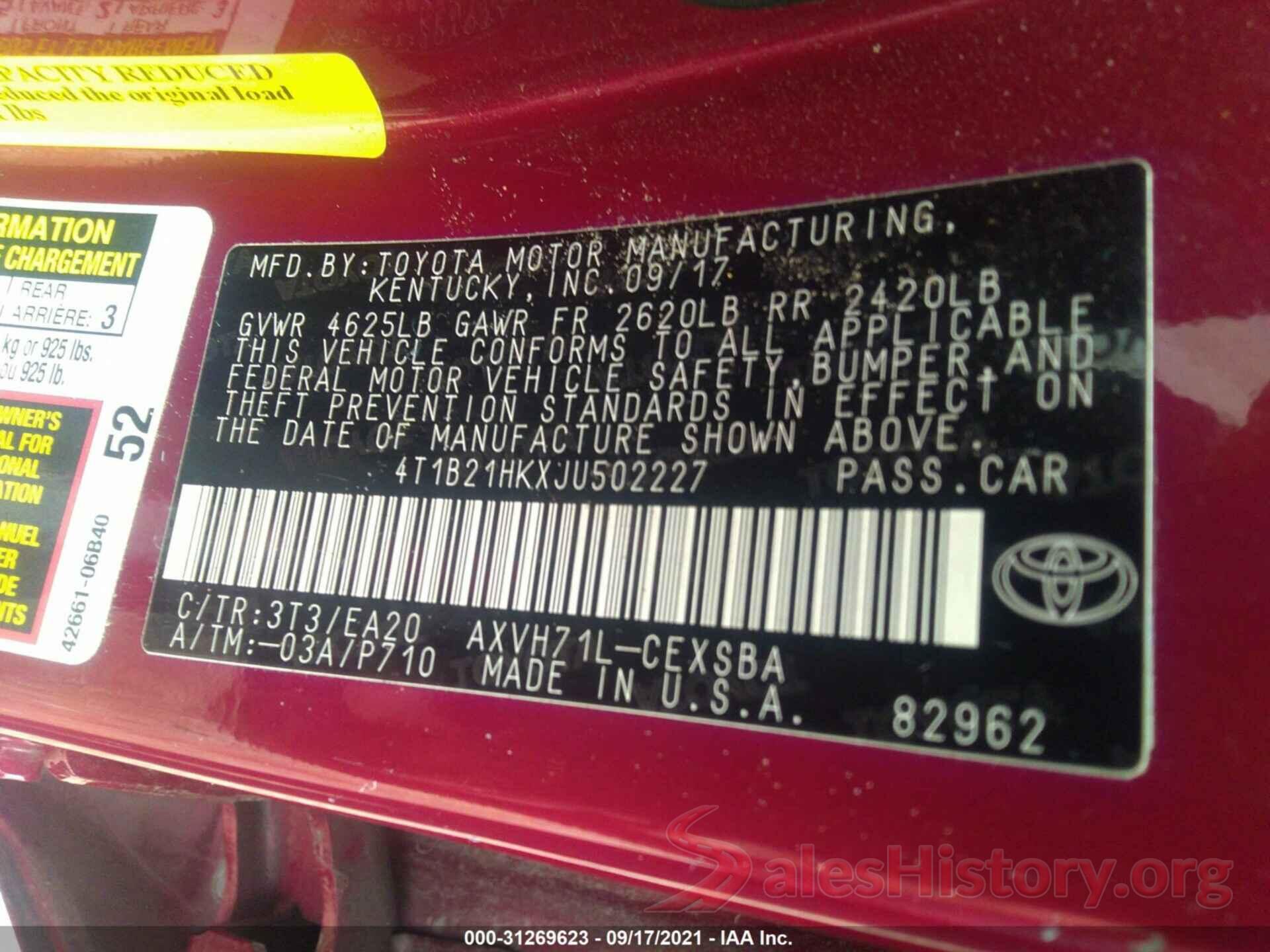 4T1B21HKXJU502227 2018 TOYOTA CAMRY