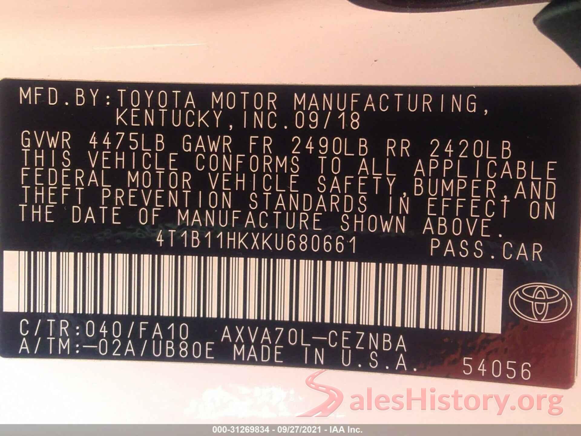 4T1B11HKXKU680661 2019 TOYOTA CAMRY