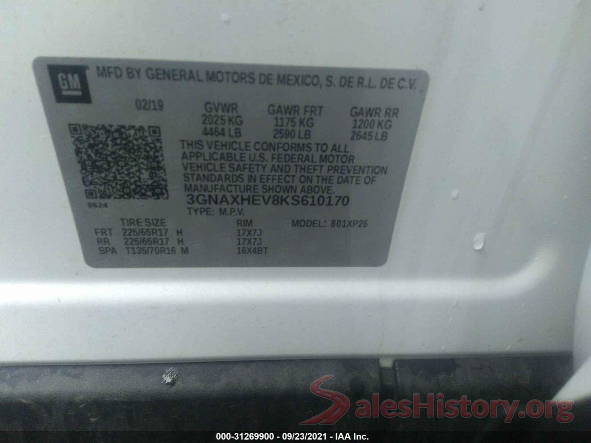 3GNAXHEV8KS610170 2019 CHEVROLET EQUINOX