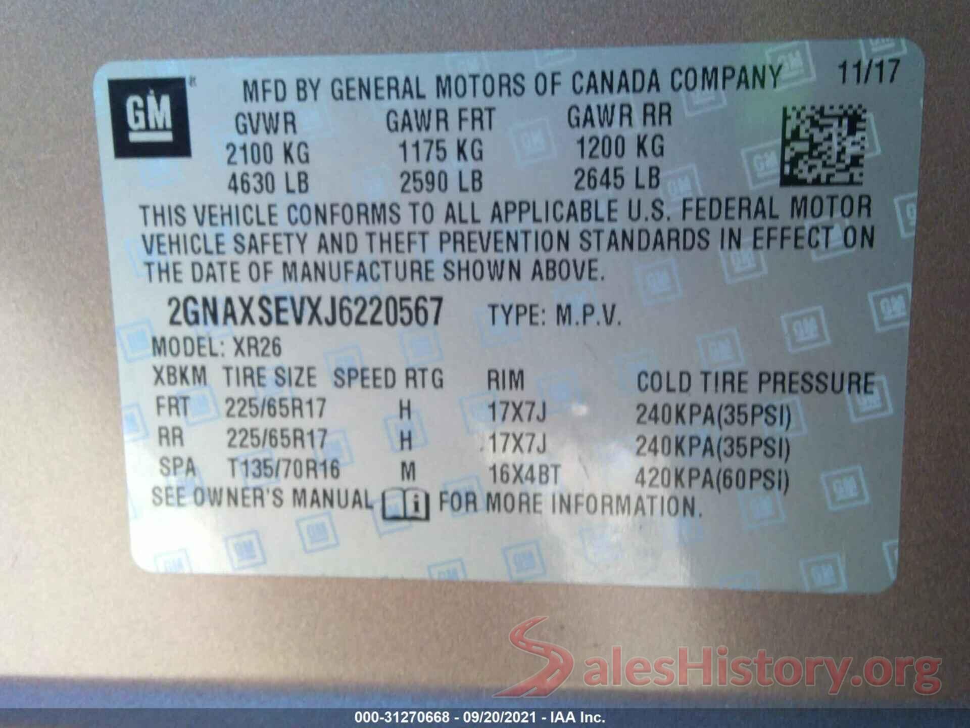 2GNAXSEVXJ6220567 2018 CHEVROLET EQUINOX