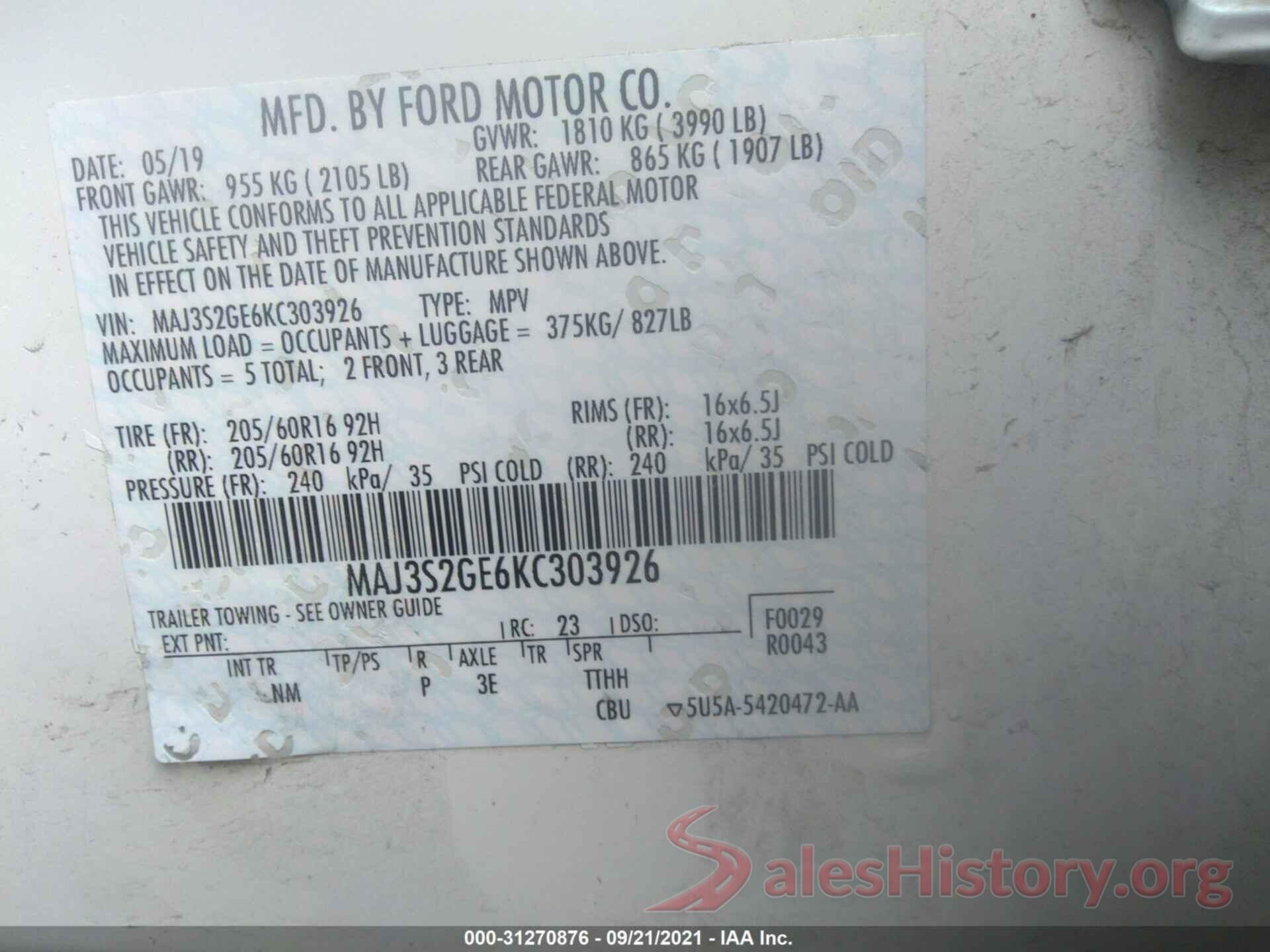 MAJ3S2GE6KC303926 2019 FORD ECOSPORT