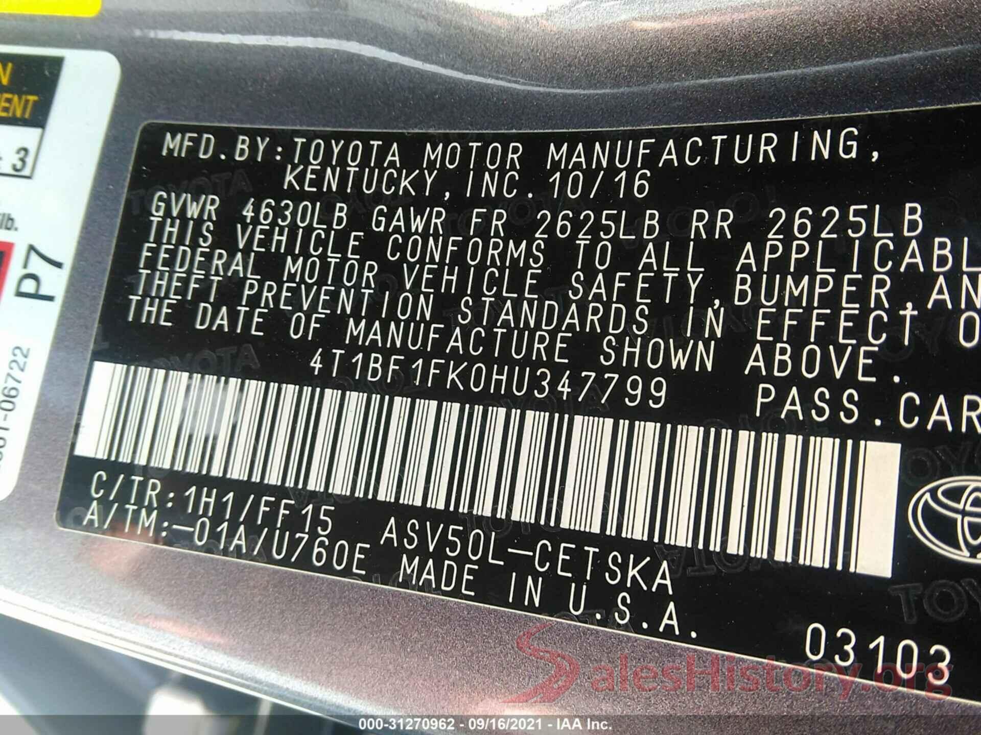 4T1BF1FK0HU347799 2017 TOYOTA CAMRY