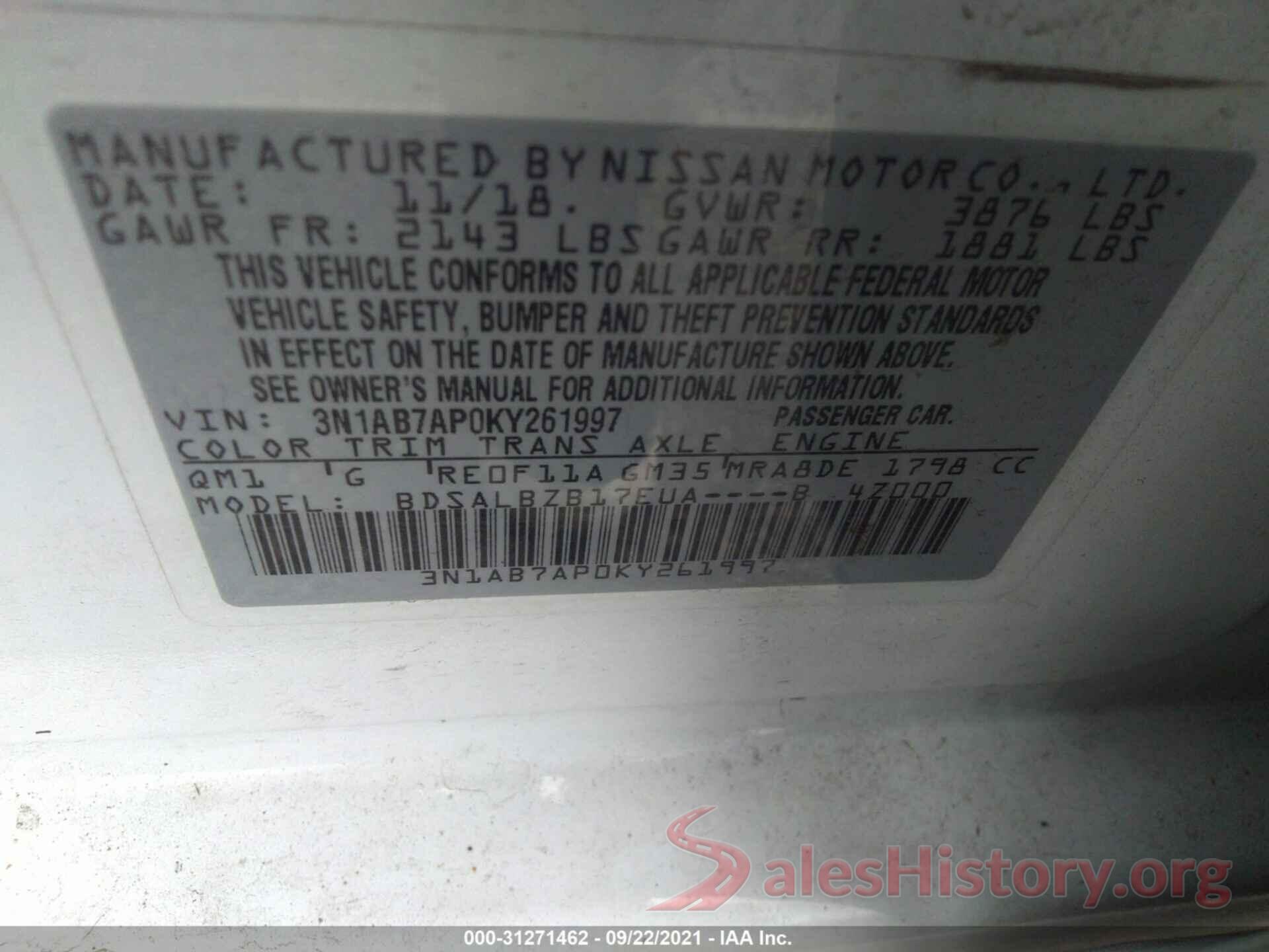 3N1AB7AP0KY261997 2019 NISSAN SENTRA