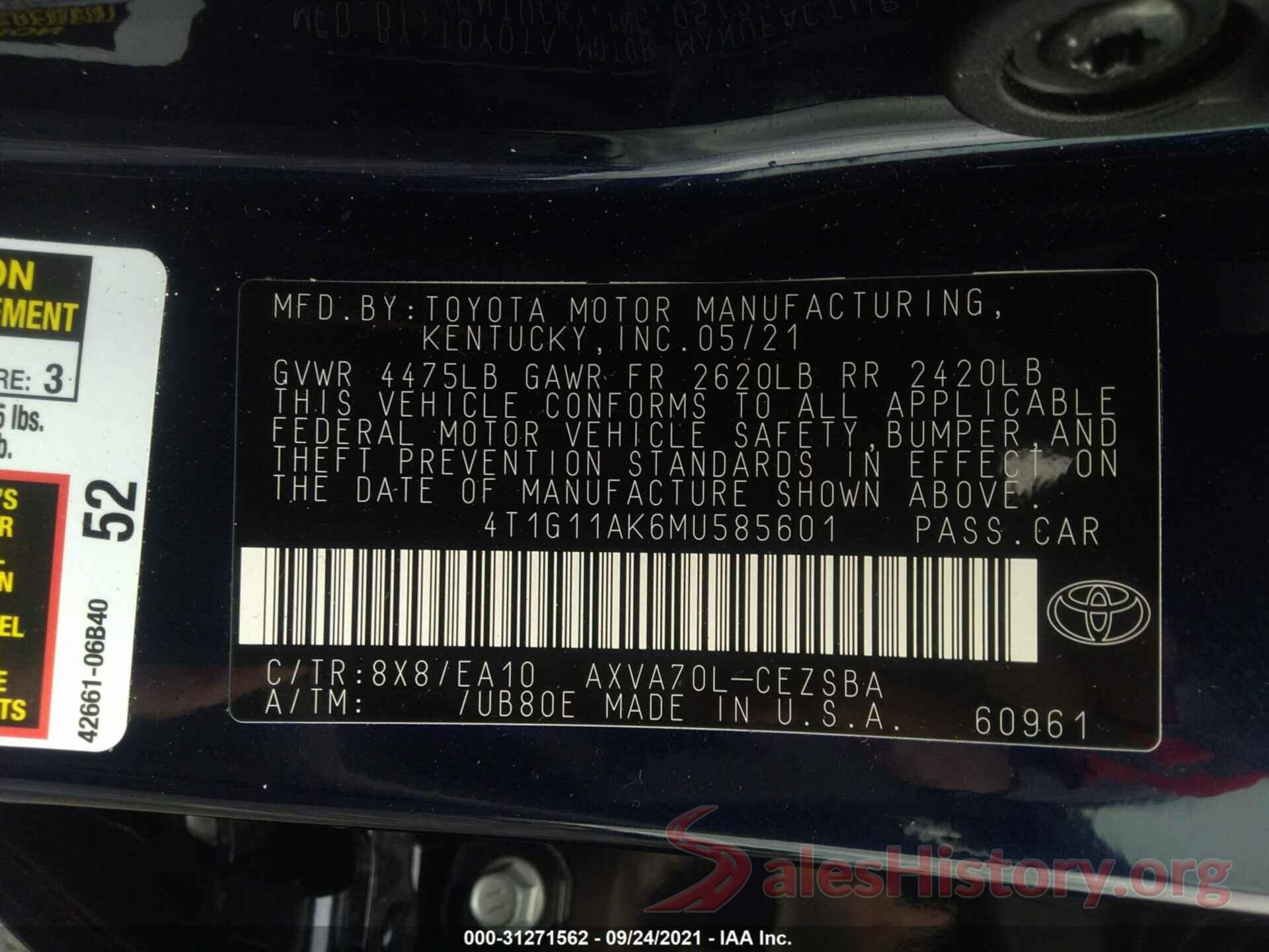 4T1G11AK6MU585601 2021 TOYOTA CAMRY