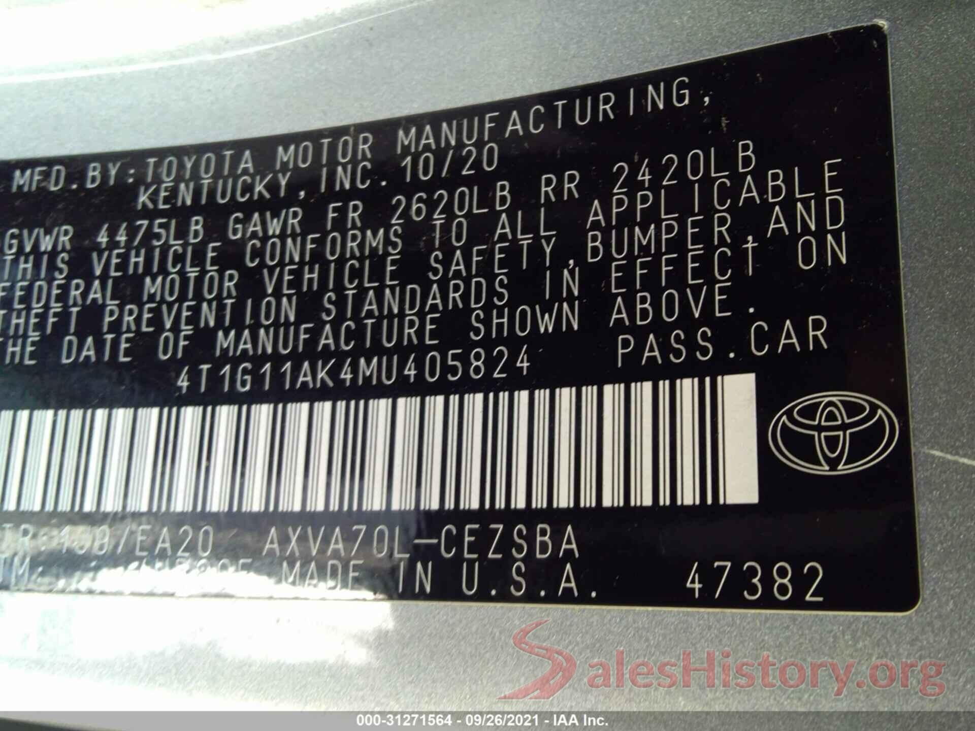 4T1G11AK4MU405824 2021 TOYOTA CAMRY