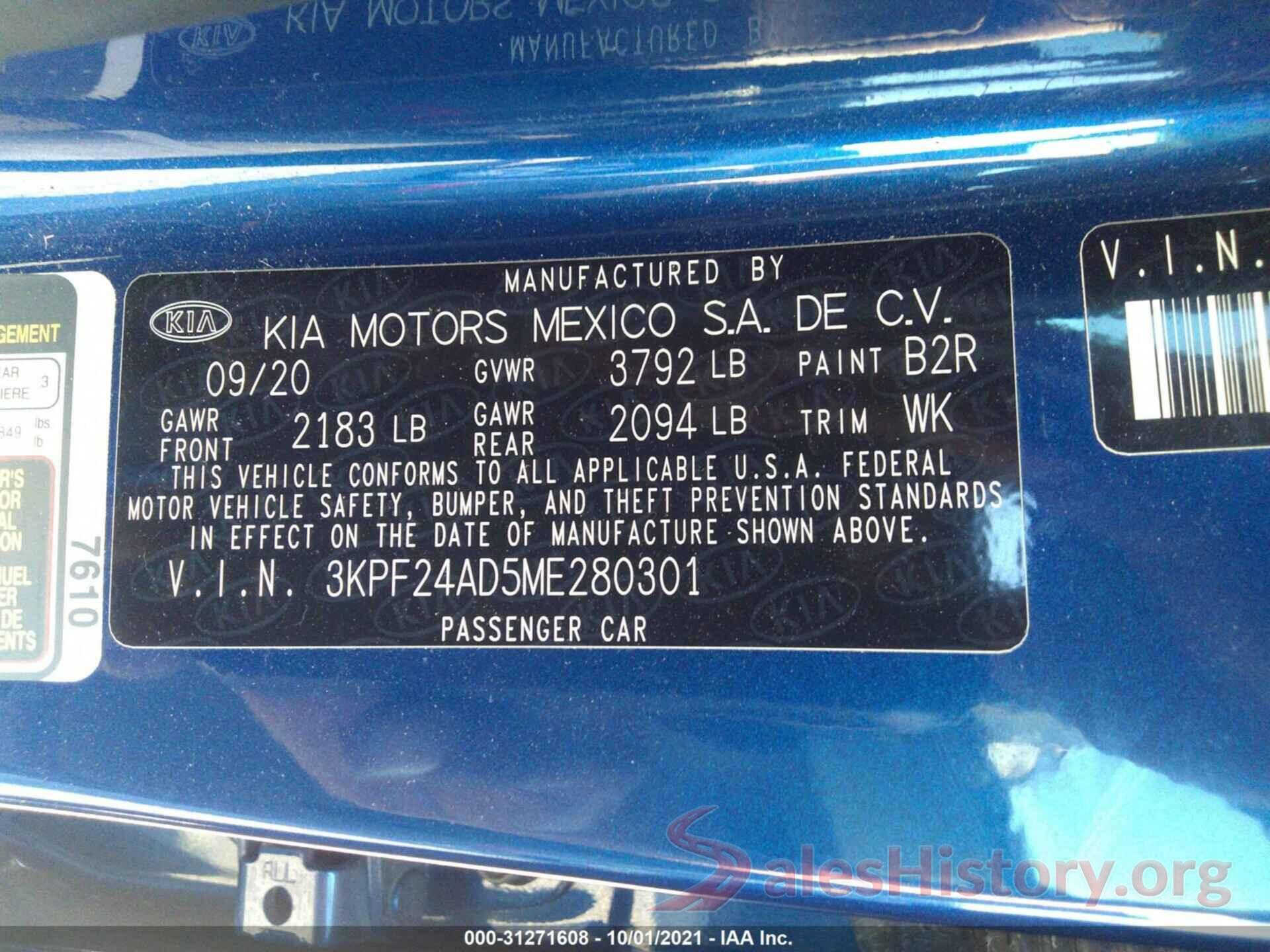 3KPF24AD5ME280301 2021 KIA FORTE