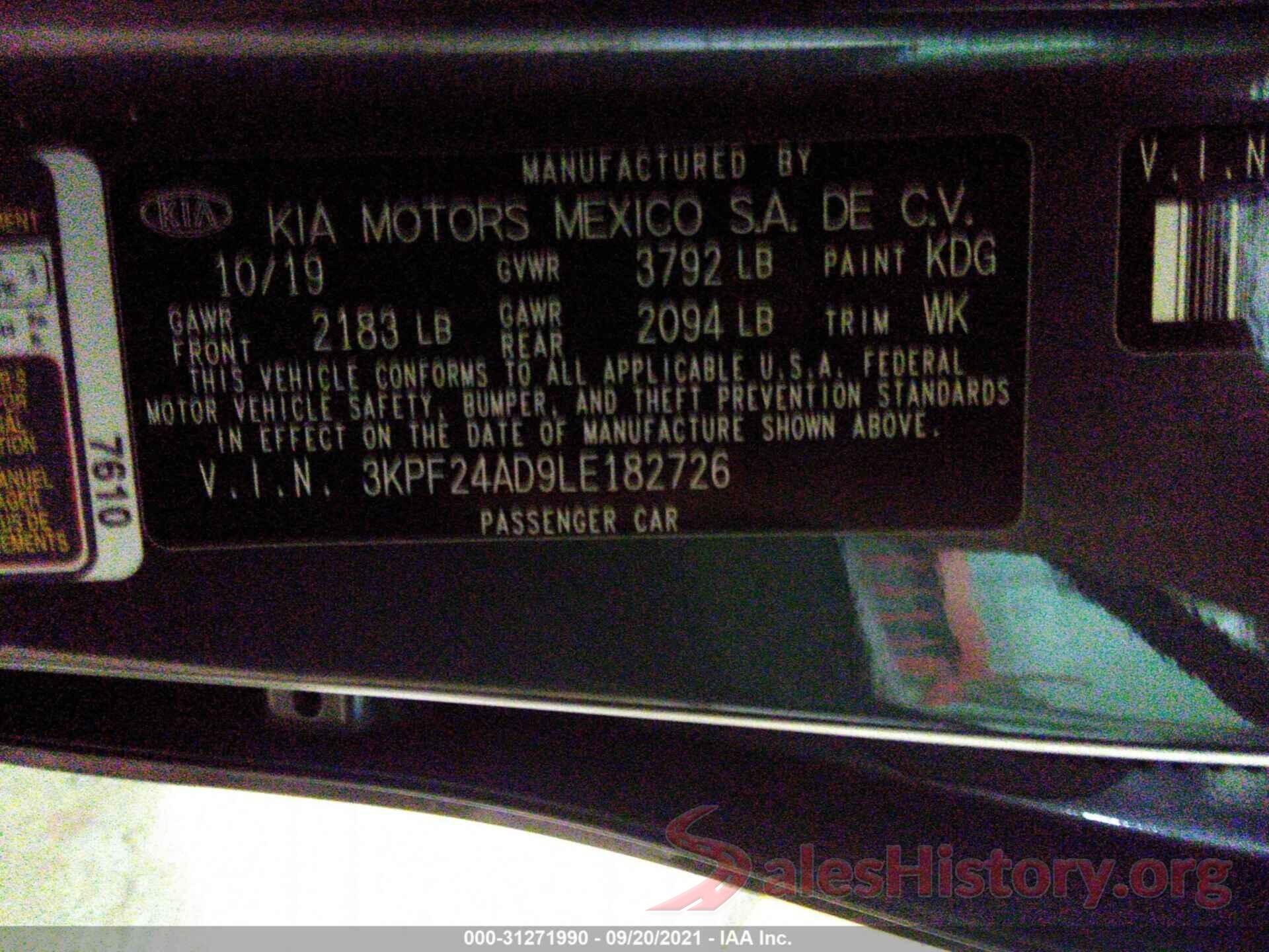 3KPF24AD9LE182726 2020 KIA FORTE