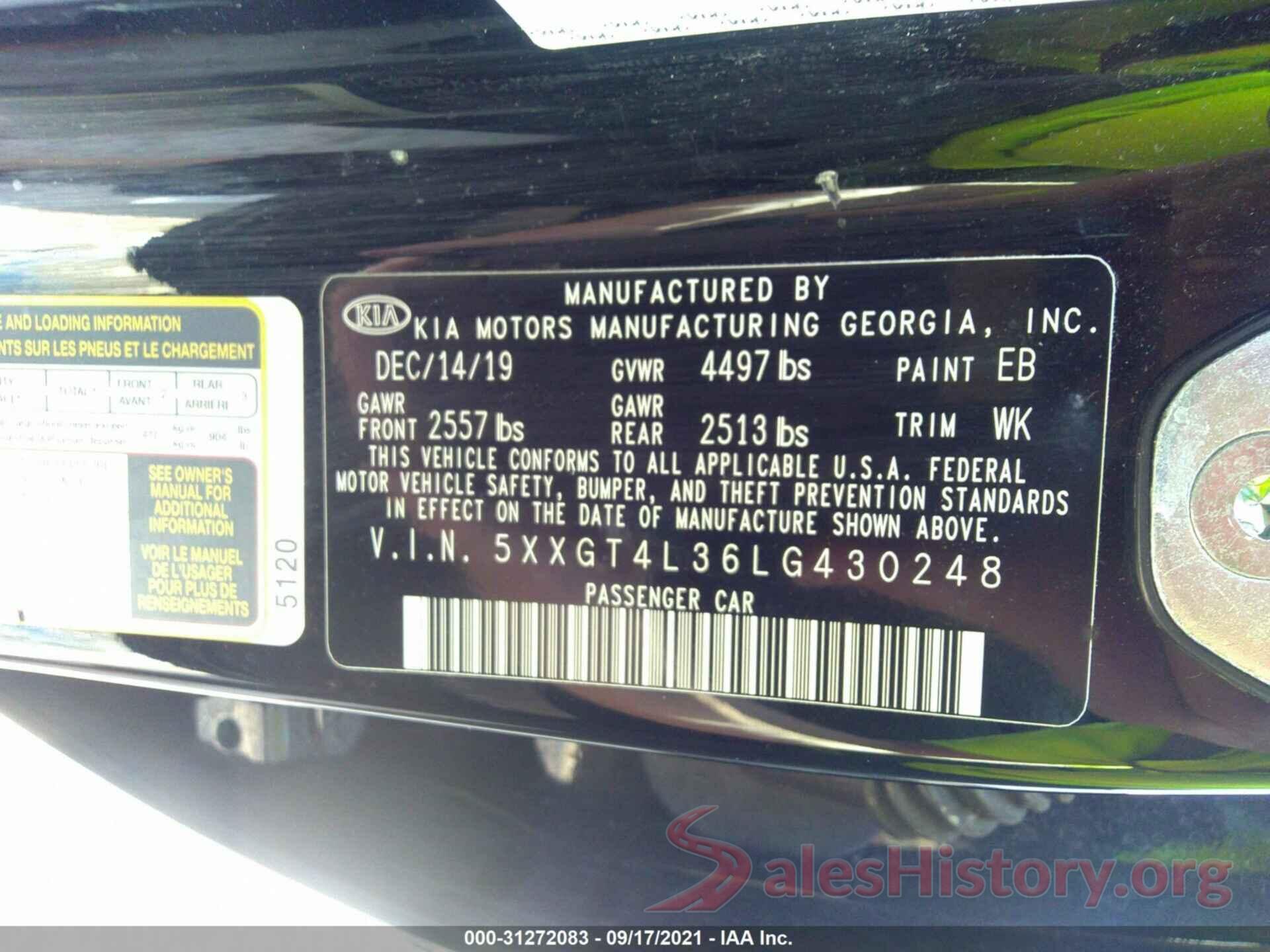 5XXGT4L36LG430248 2020 KIA OPTIMA