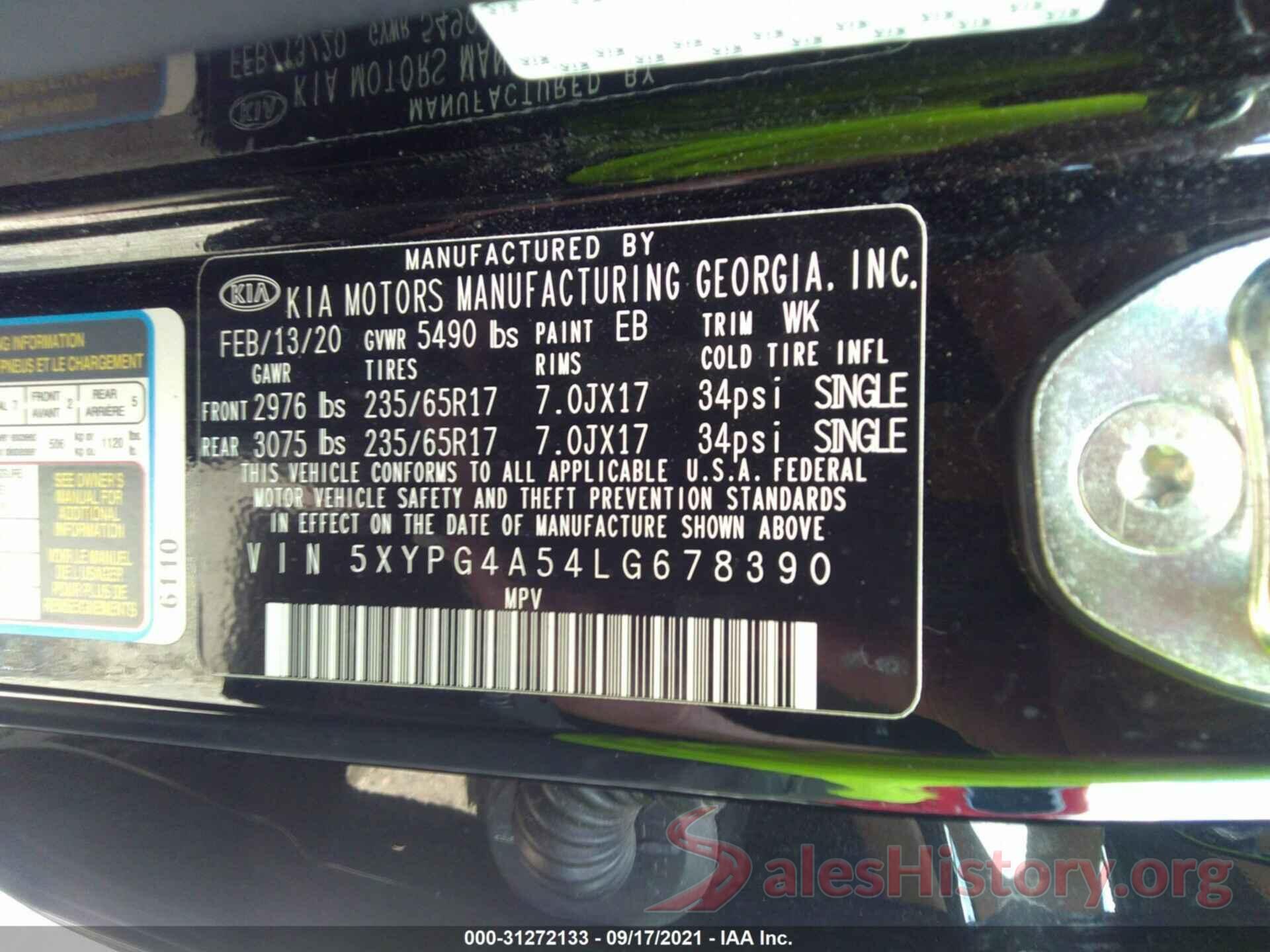 5XYPG4A54LG678390 2020 KIA SORENTO