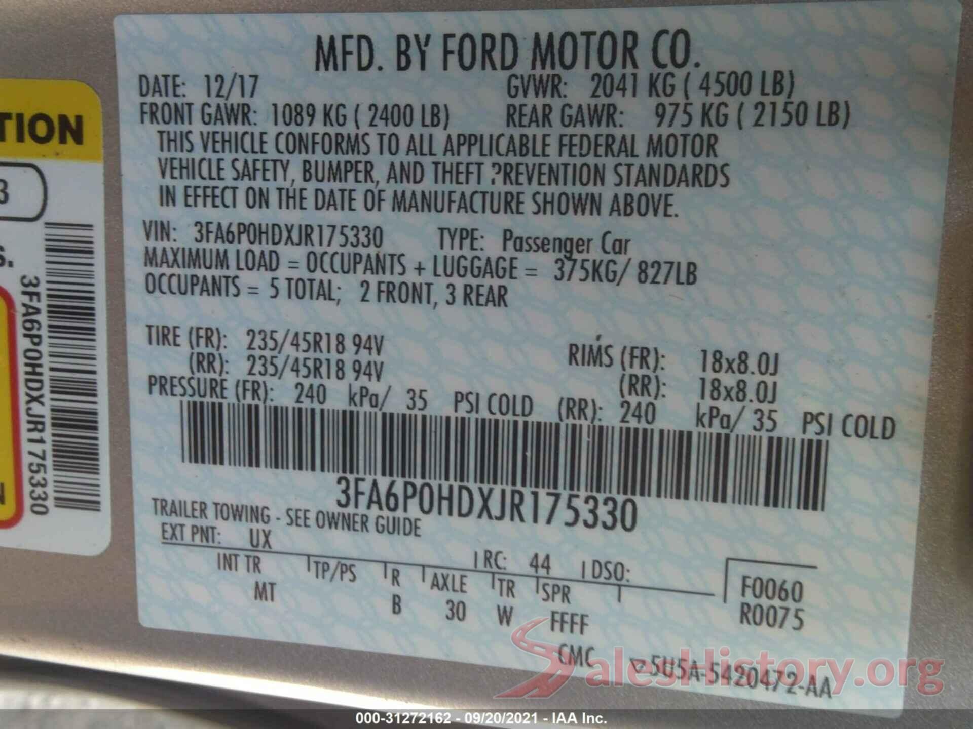 3FA6P0HDXJR175330 2018 FORD FUSION