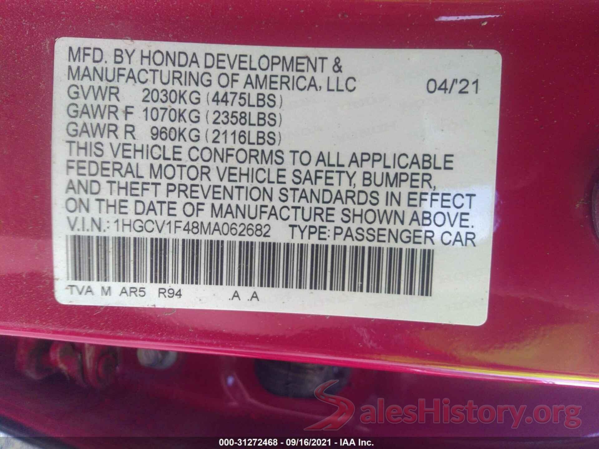 1HGCV1F48MA062682 2021 HONDA ACCORD SEDAN