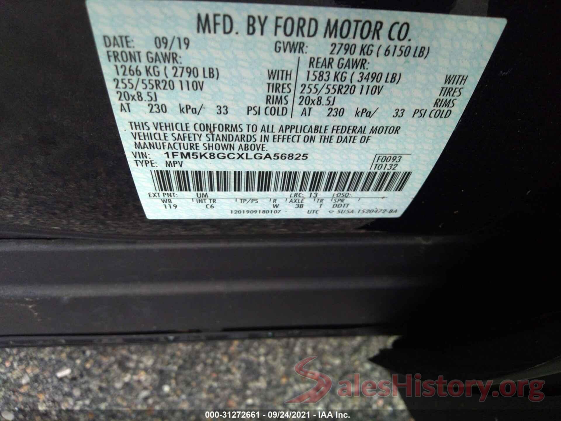 1FM5K8GCXLGA56825 2020 FORD EXPLORER