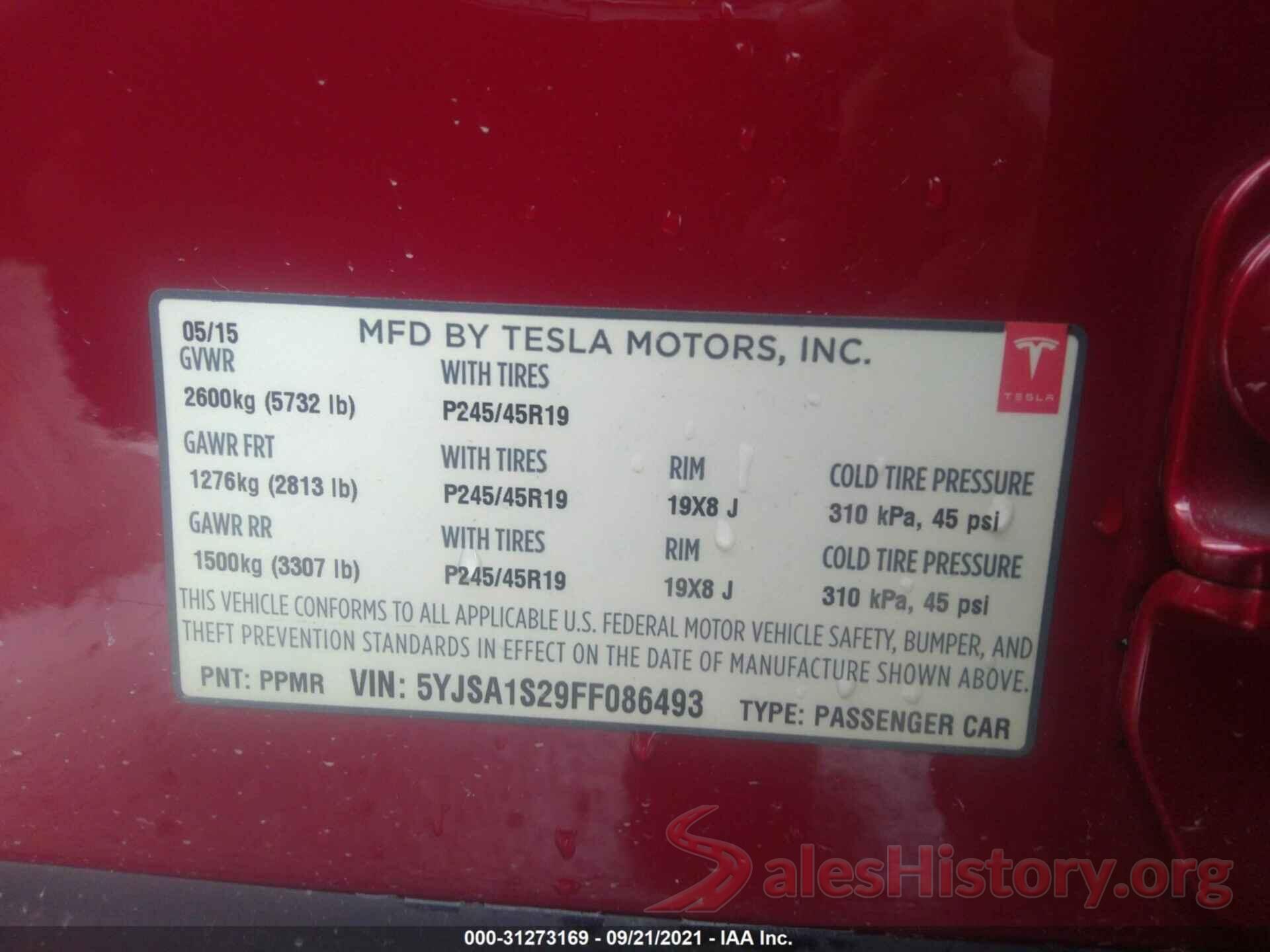 5YJSA1S29FF086493 2015 TESLA MODEL S