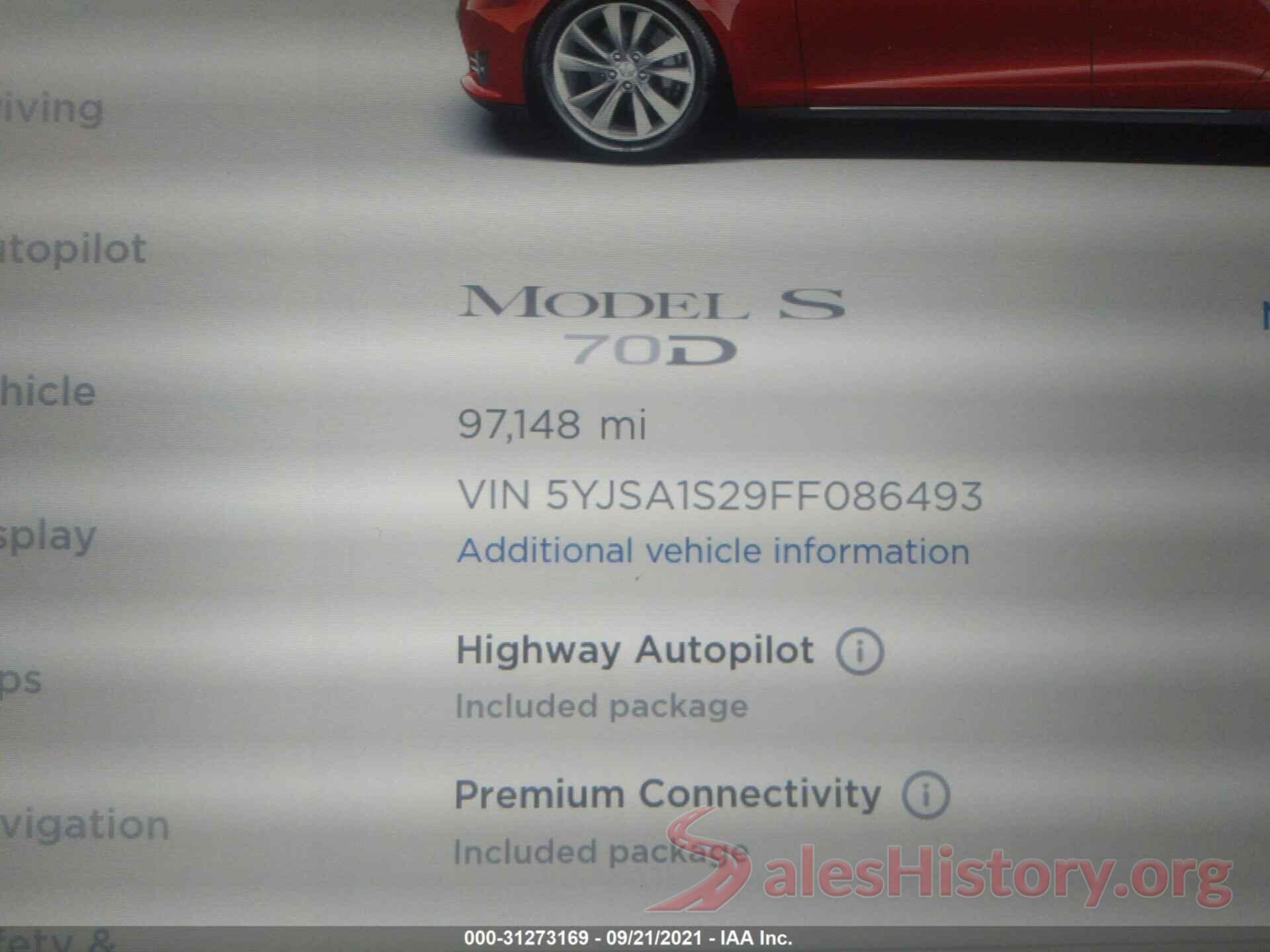 5YJSA1S29FF086493 2015 TESLA MODEL S