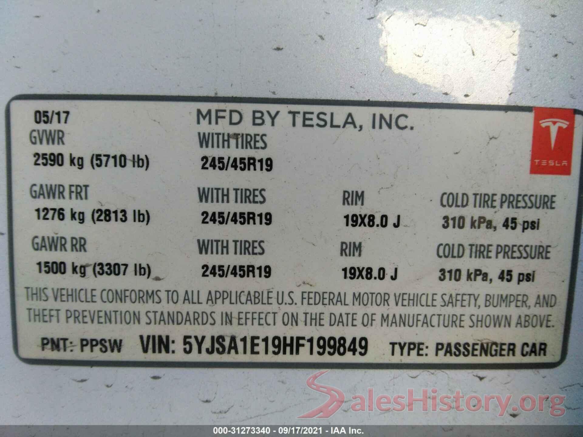 5YJSA1E19HF199849 2017 TESLA MODEL S