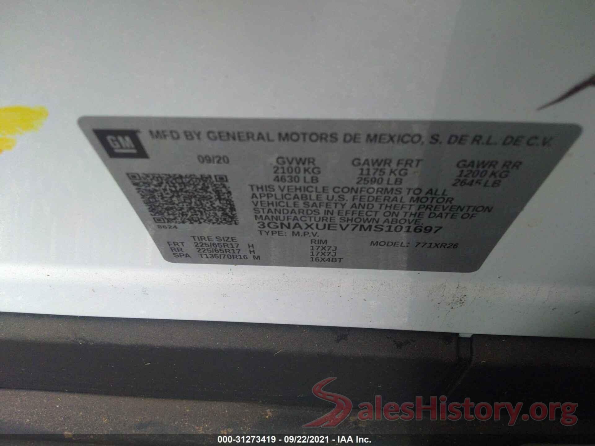 3GNAXUEV7MS101697 2021 CHEVROLET EQUINOX